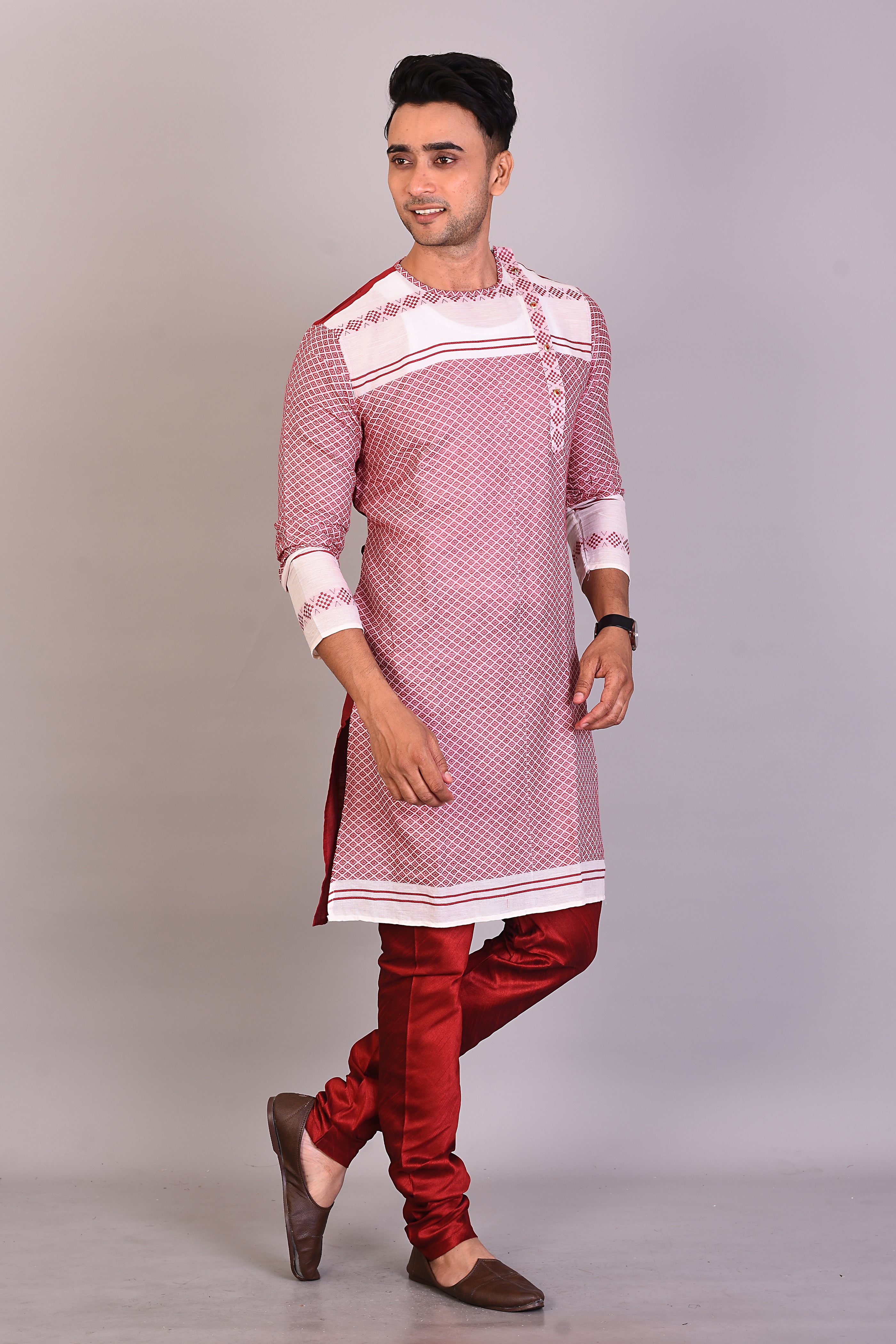 Long Maroon Raw Silk Kurta with Full Sleeves - Keya Seth Exclusive
