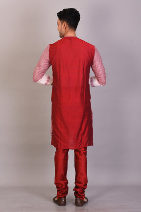 Long Maroon Raw Silk Kurta with Full Sleeves - Keya Seth Exclusive
