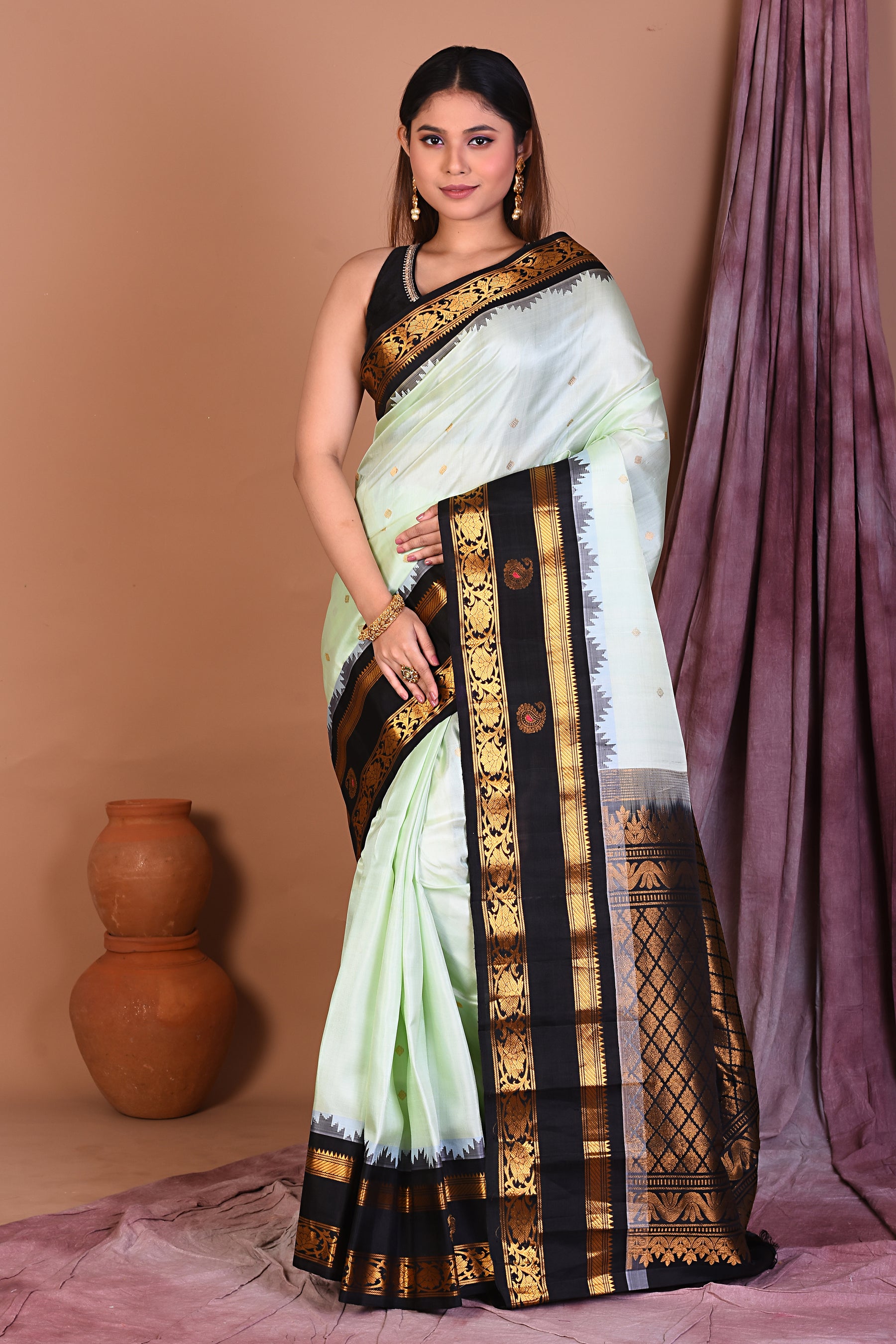 Sea Green Pure Gadwal Saree with Black Borders - Keya Seth Exclusive