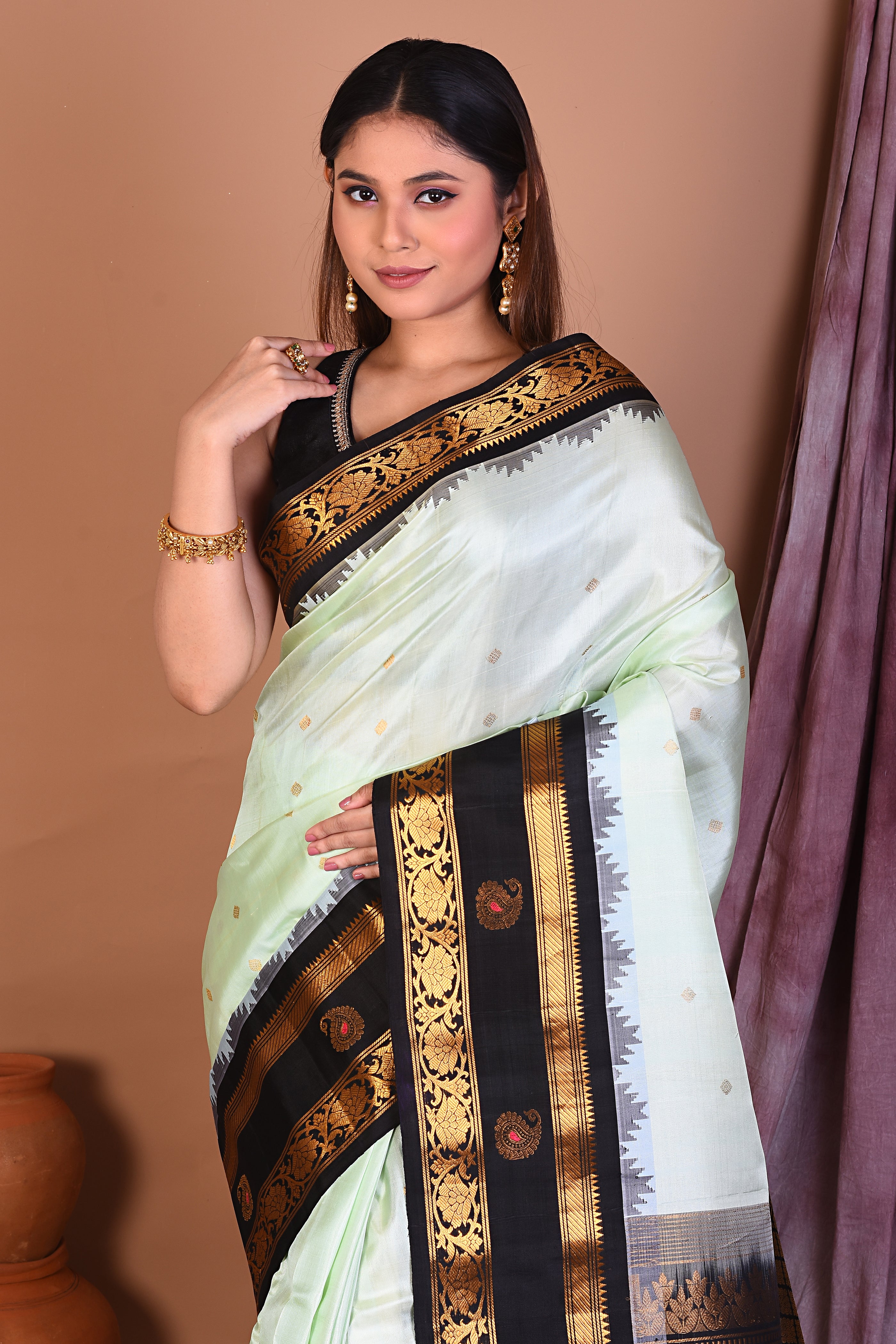 Sea Green Pure Gadwal Saree with Black Borders - Keya Seth Exclusive