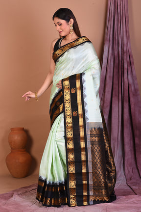 Sea Green Pure Gadwal Saree with Black Borders - Keya Seth Exclusive