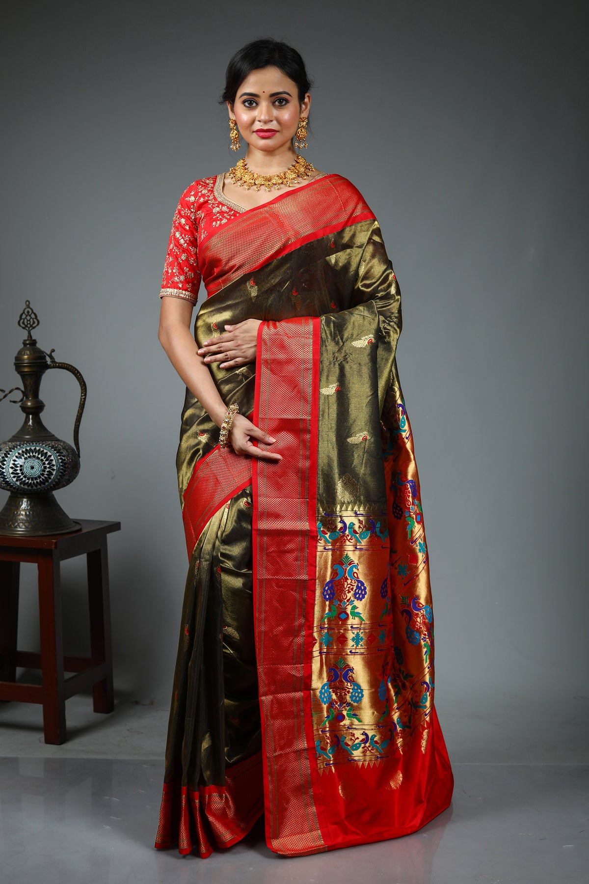 Dual Tone Olive Green Pure Katan Saree