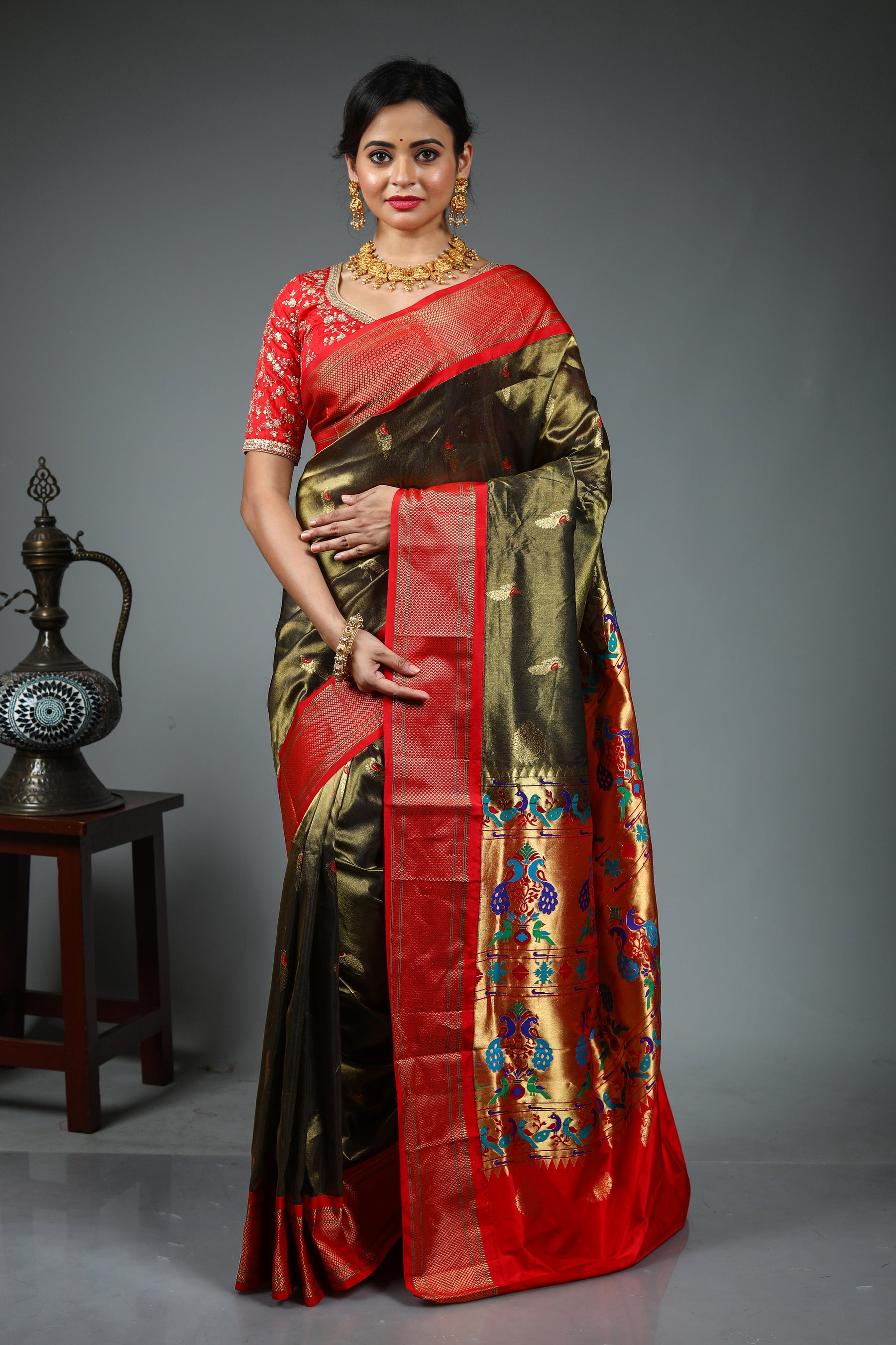 Dual Tone Olive Green Pure Katan Saree
