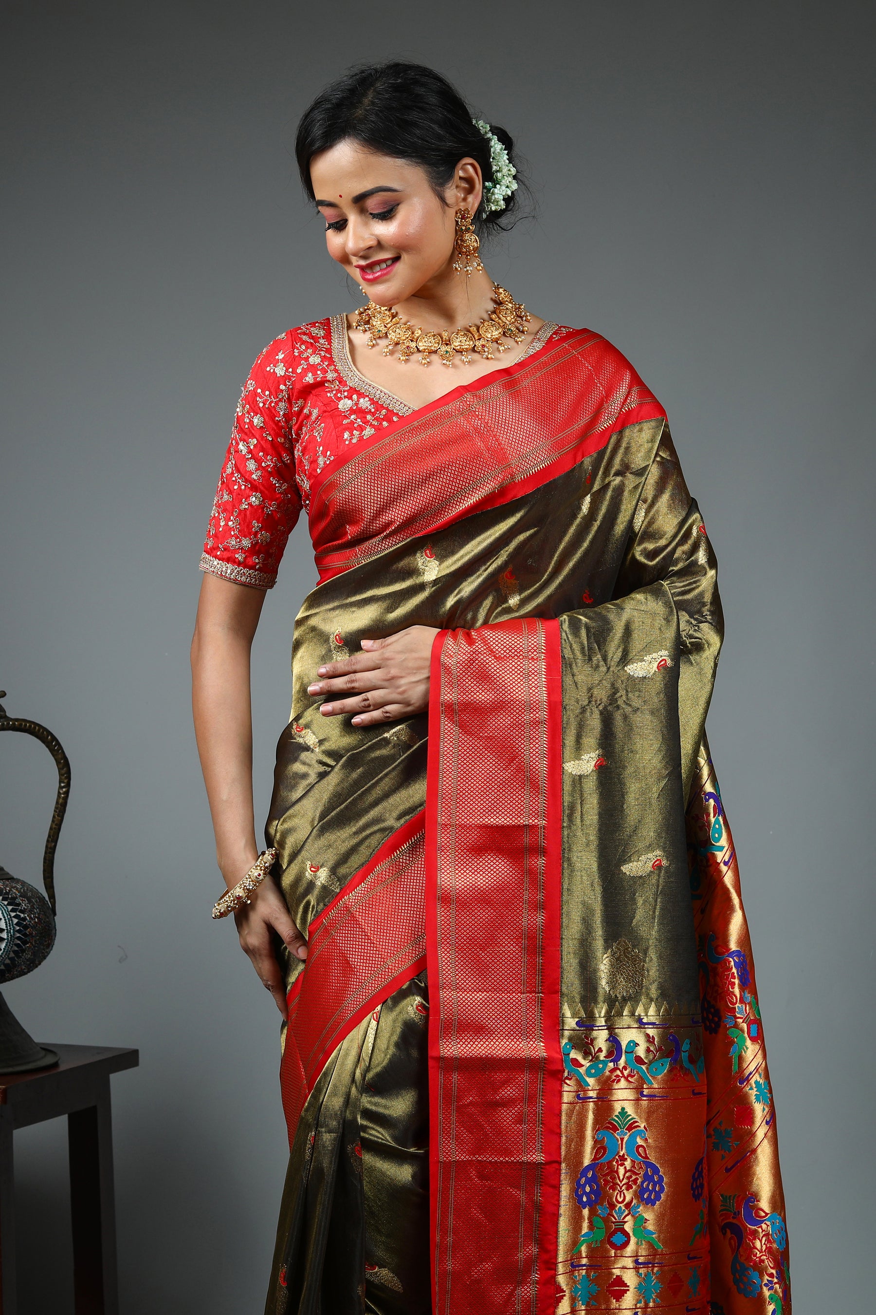 Dual Tone Olive Green Pure Katan Saree