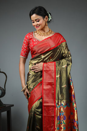 Dual Tone Olive Green Pure Katan Saree