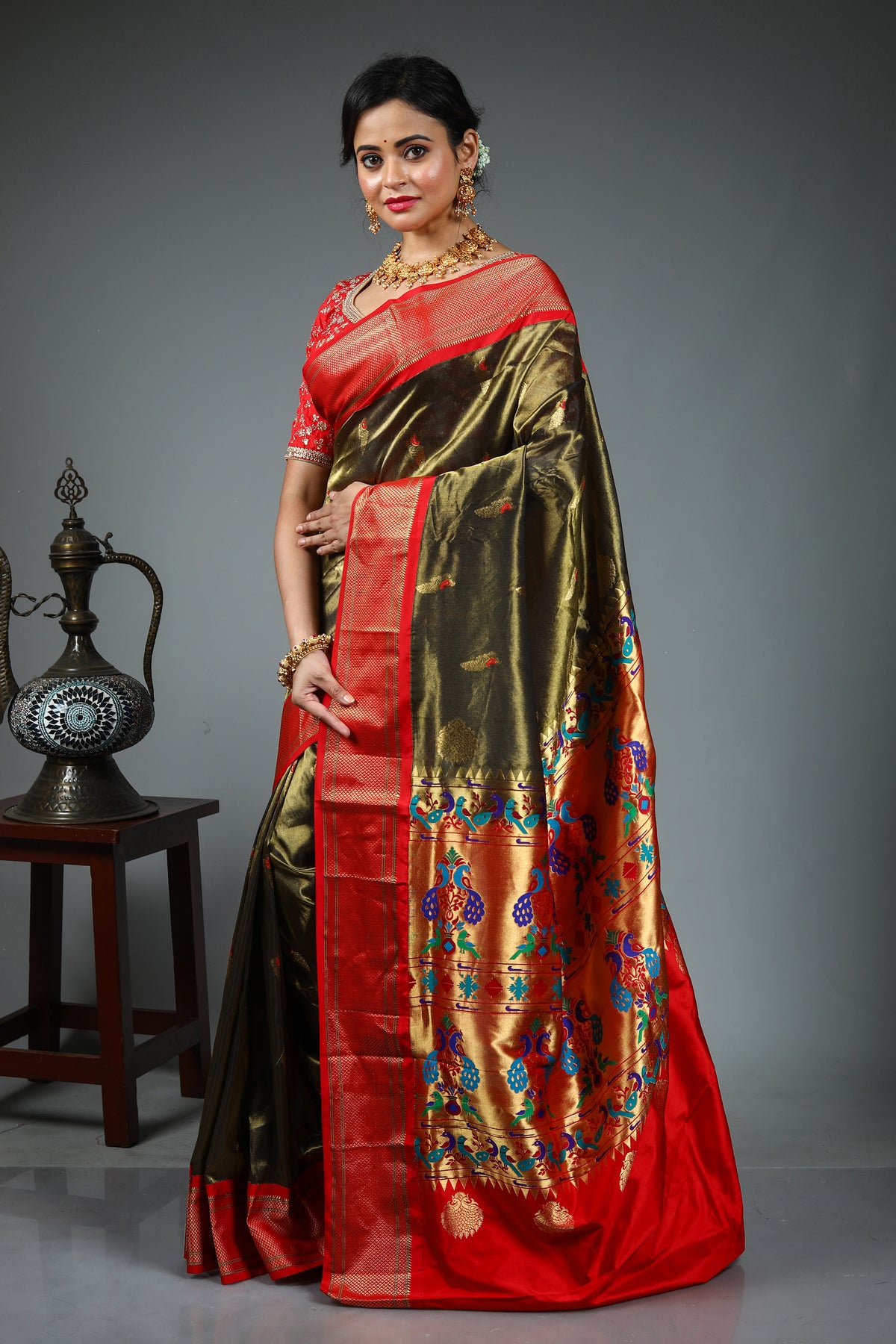 Dual Tone Olive Green Pure Katan Saree