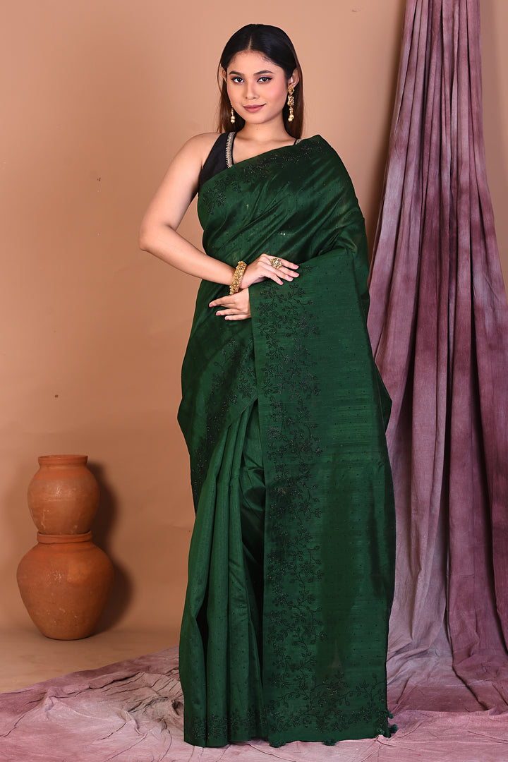 Dark Green Blended Tussar Saree with Sequence - Keya Seth Exclusive