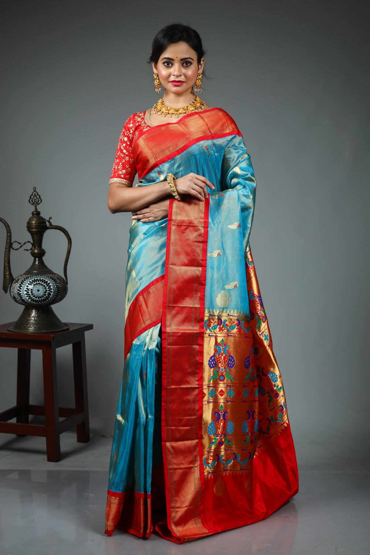Dual Tone Blue Katan Saree