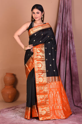 Black Pure Kanjivaram Saree with Orange Borders - Keya Seth Exclusive