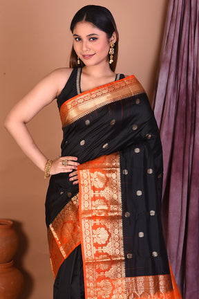 Black Pure Kanjivaram Saree with Orange Borders - Keya Seth Exclusive