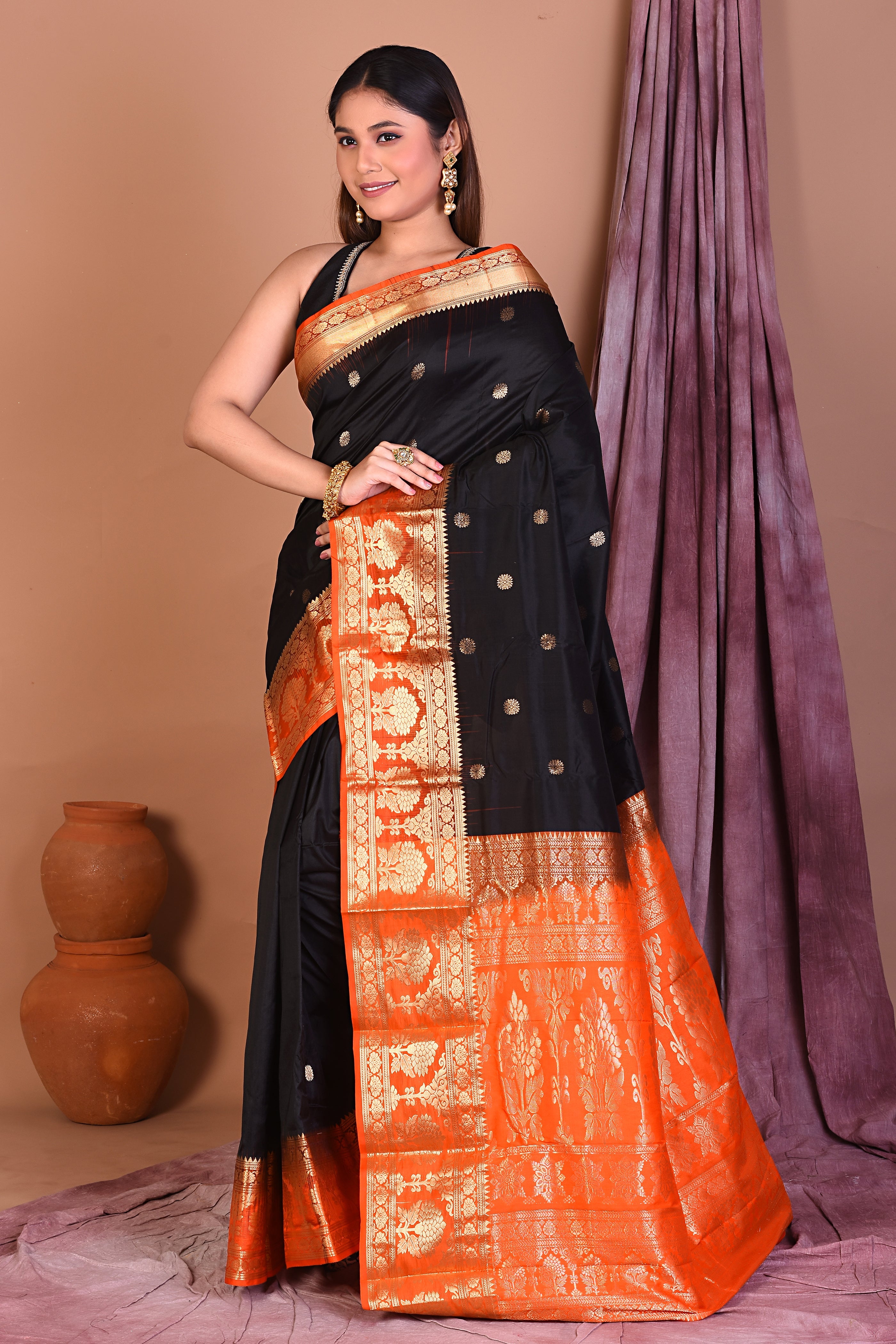 Black Pure Kanjivaram Saree with Orange Borders - Keya Seth Exclusive