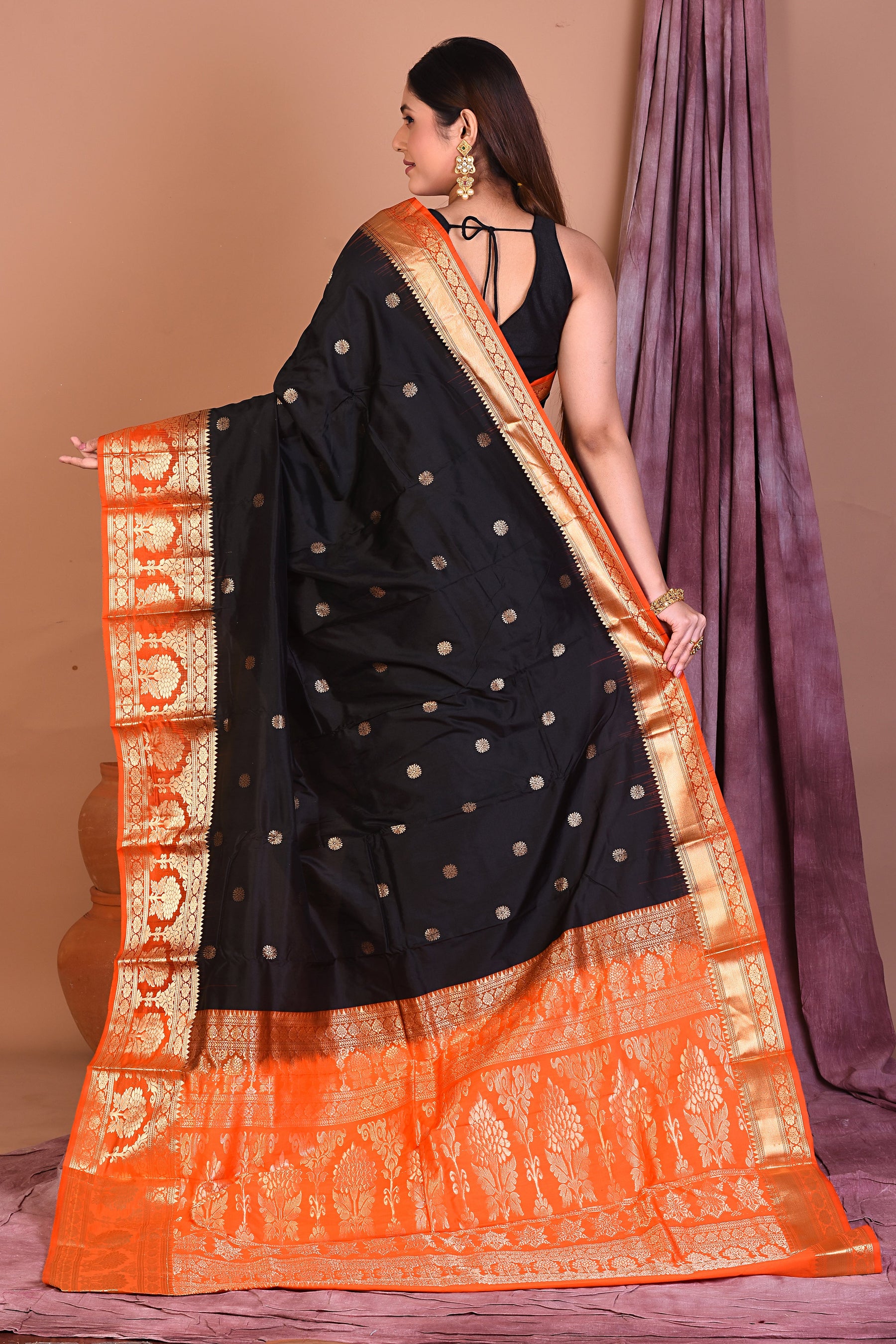 Black Pure Kanjivaram Saree with Orange Borders - Keya Seth Exclusive