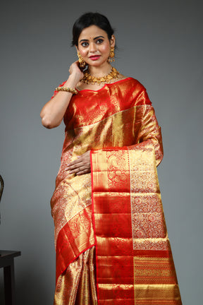 Dual Tone Red Tissue Kanjivaram Saree