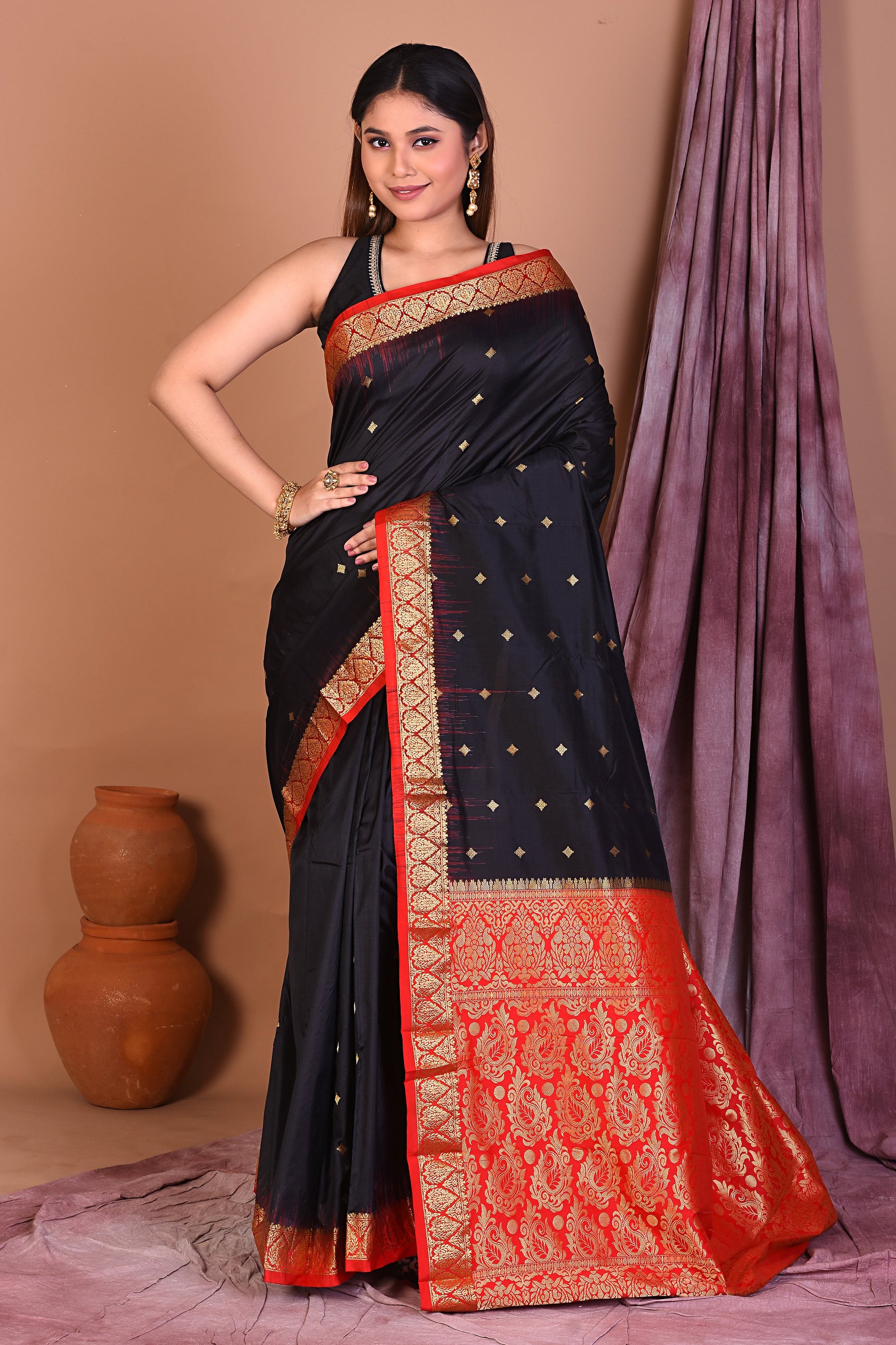 Black Pure Kanjivaram Saree with Red Borders - Keya Seth Exclusive