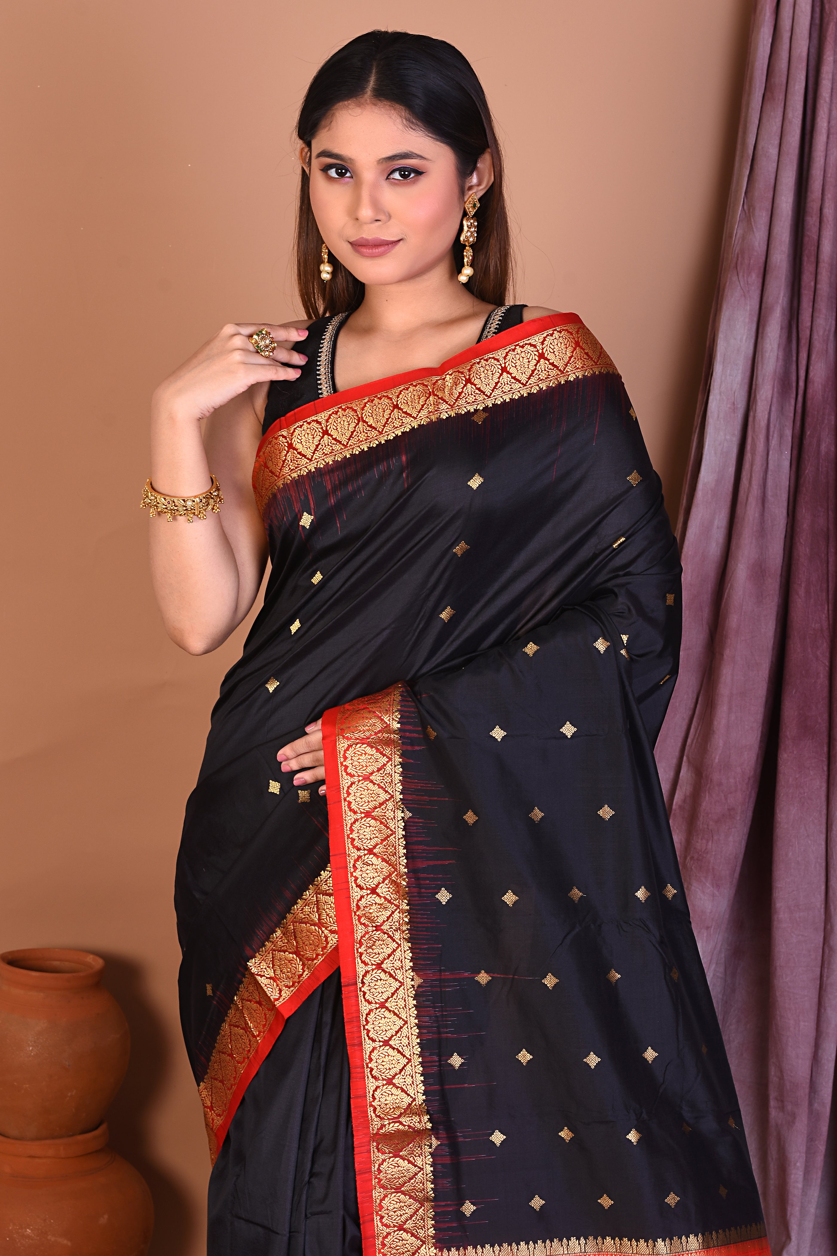 Black Pure Kanjivaram Saree with Red Borders - Keya Seth Exclusive