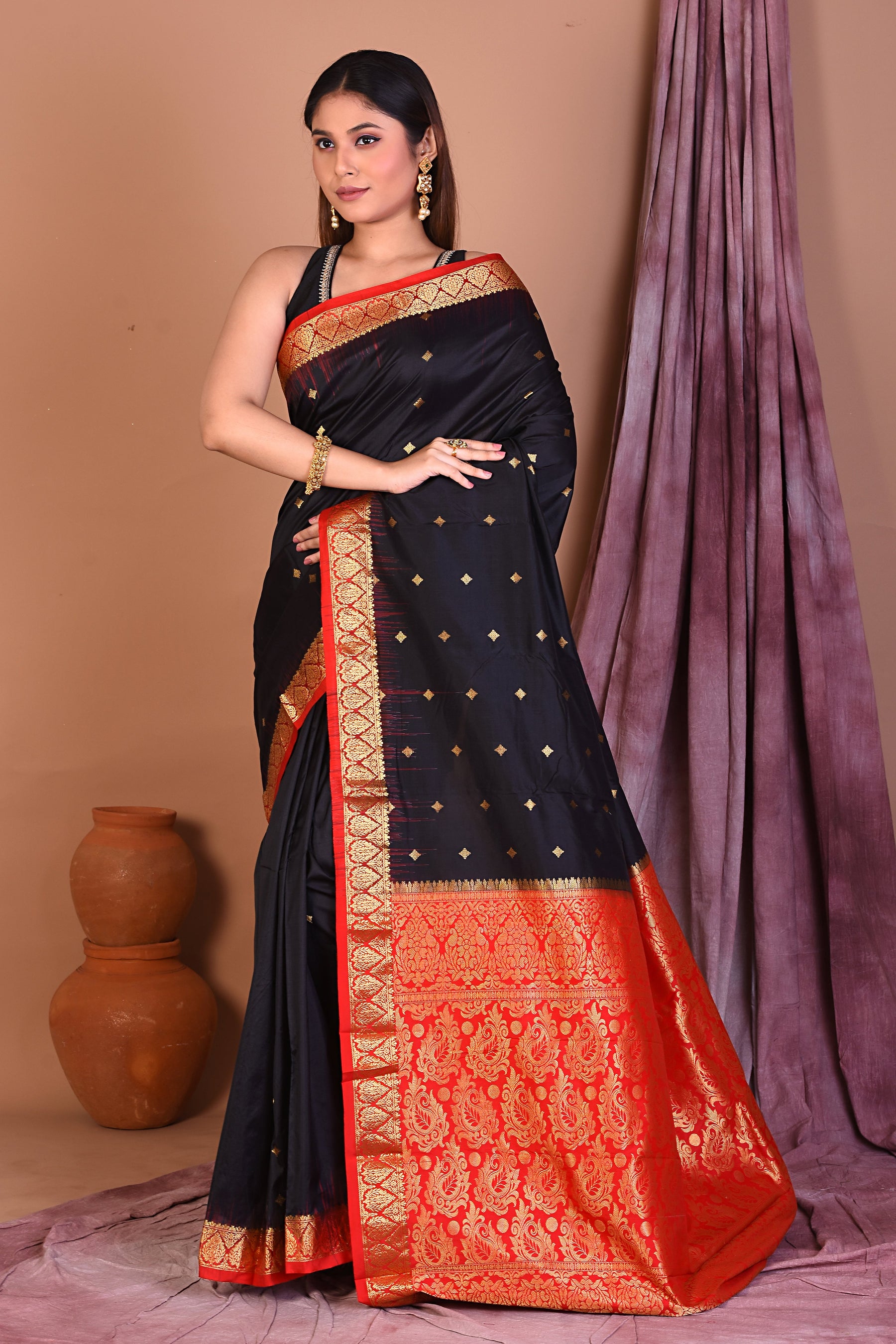 Black Pure Kanjivaram Saree with Red Borders - Keya Seth Exclusive