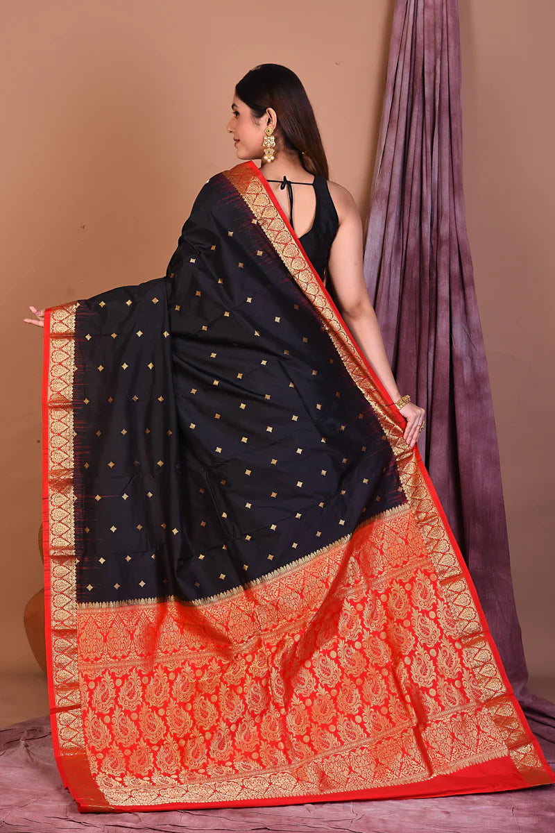 Black Pure Kanjivaram Saree with Red Borders - Keya Seth Exclusive