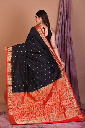 Black Pure Kanjivaram Saree with Red Borders - Keya Seth Exclusive