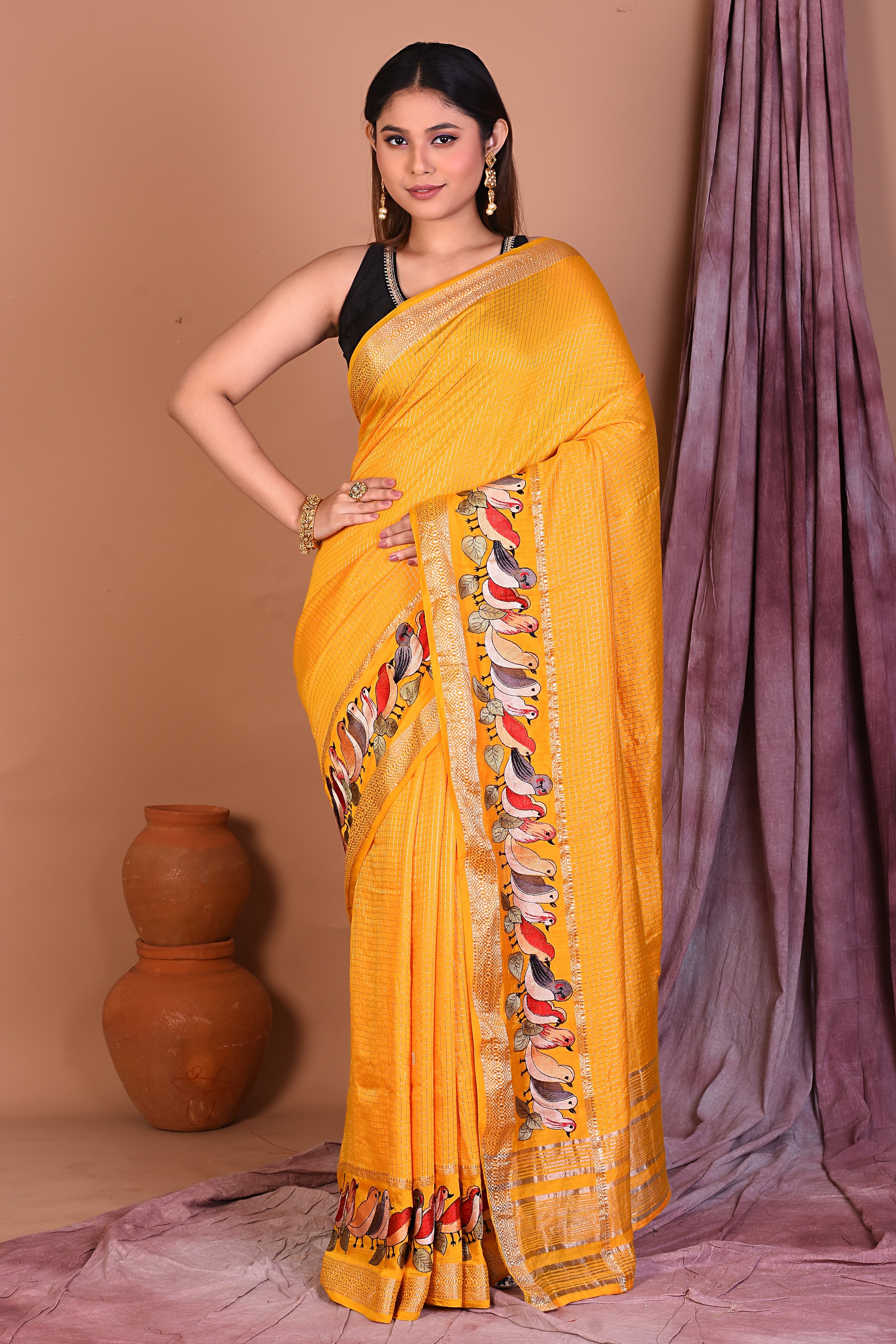 Yellow Blended Silk Saree with Zari Work - Keya Seth Exclusive