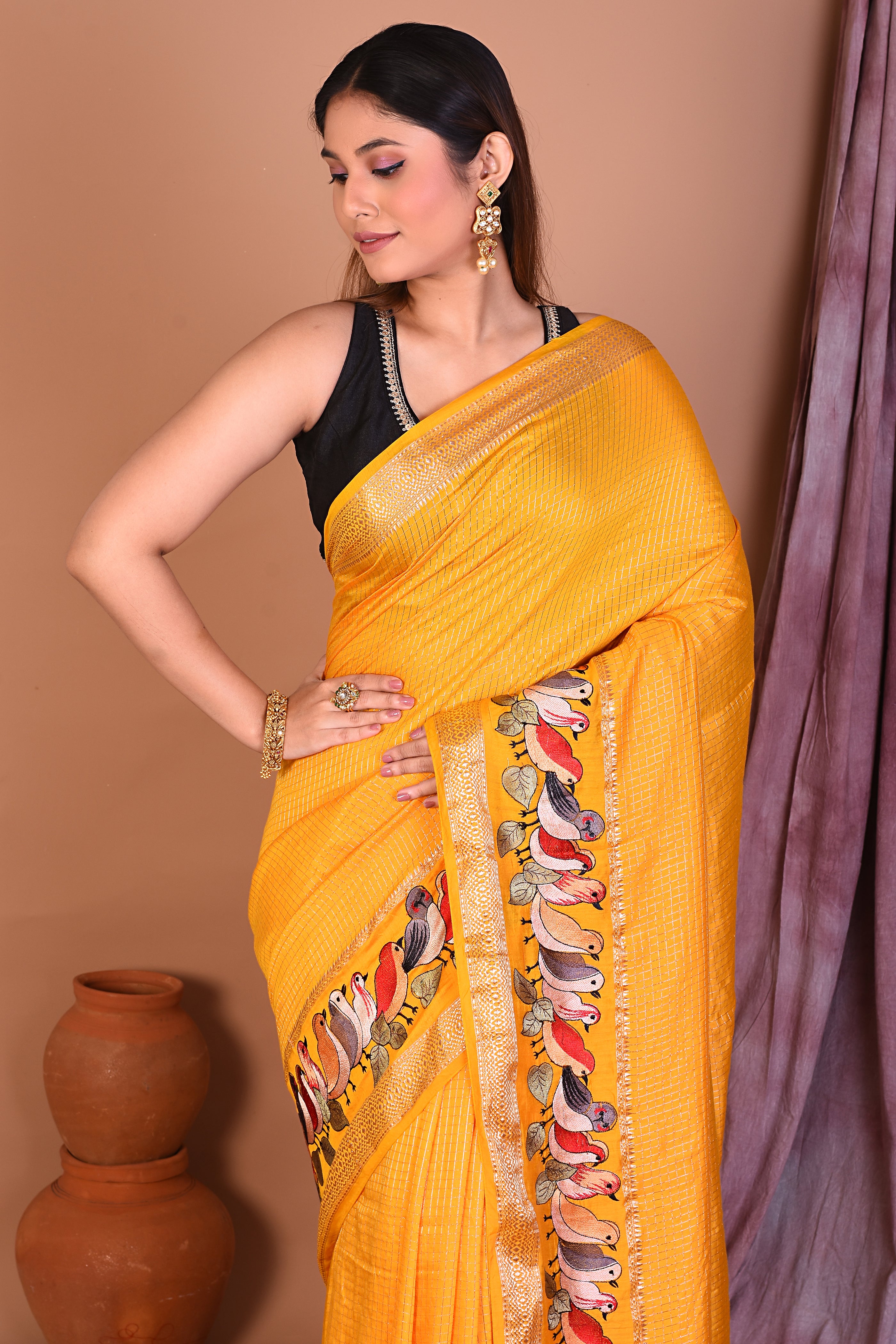 Yellow Blended Silk Saree with Zari Work - Keya Seth Exclusive