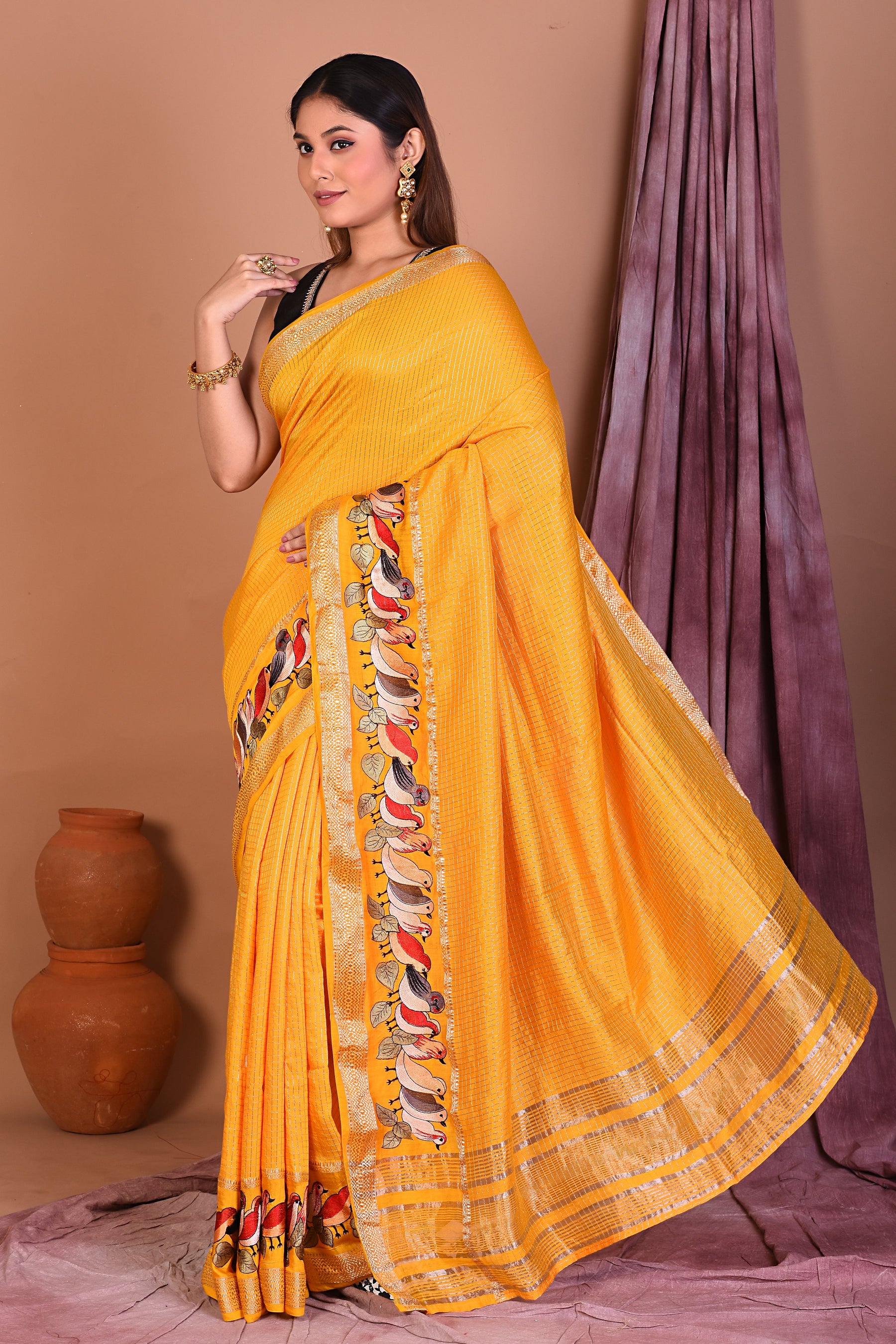 Yellow Blended Silk Saree with Zari Work - Keya Seth Exclusive