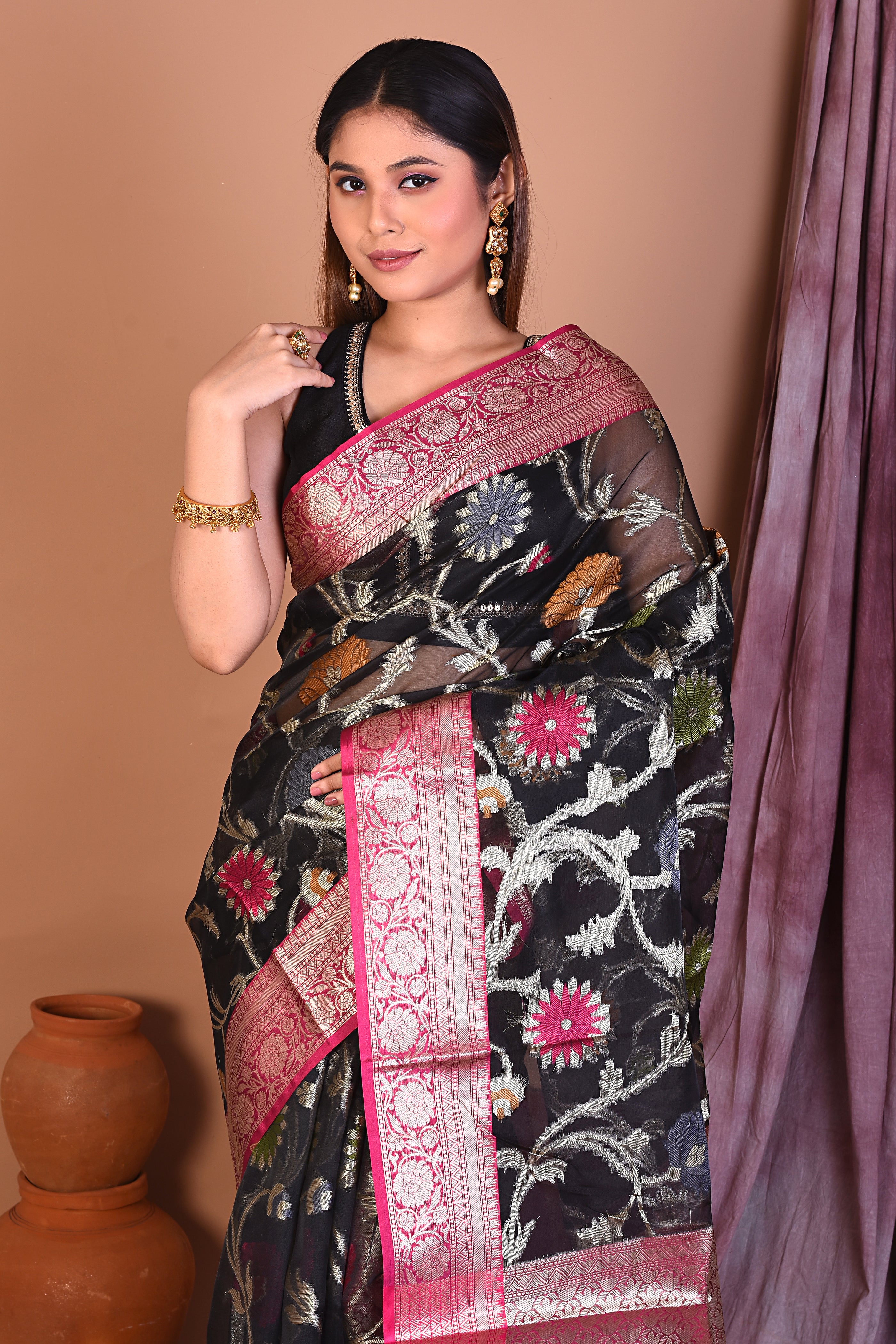 Black Blended Tissue Saree with Meenakari Work - Keya Seth Exclusive