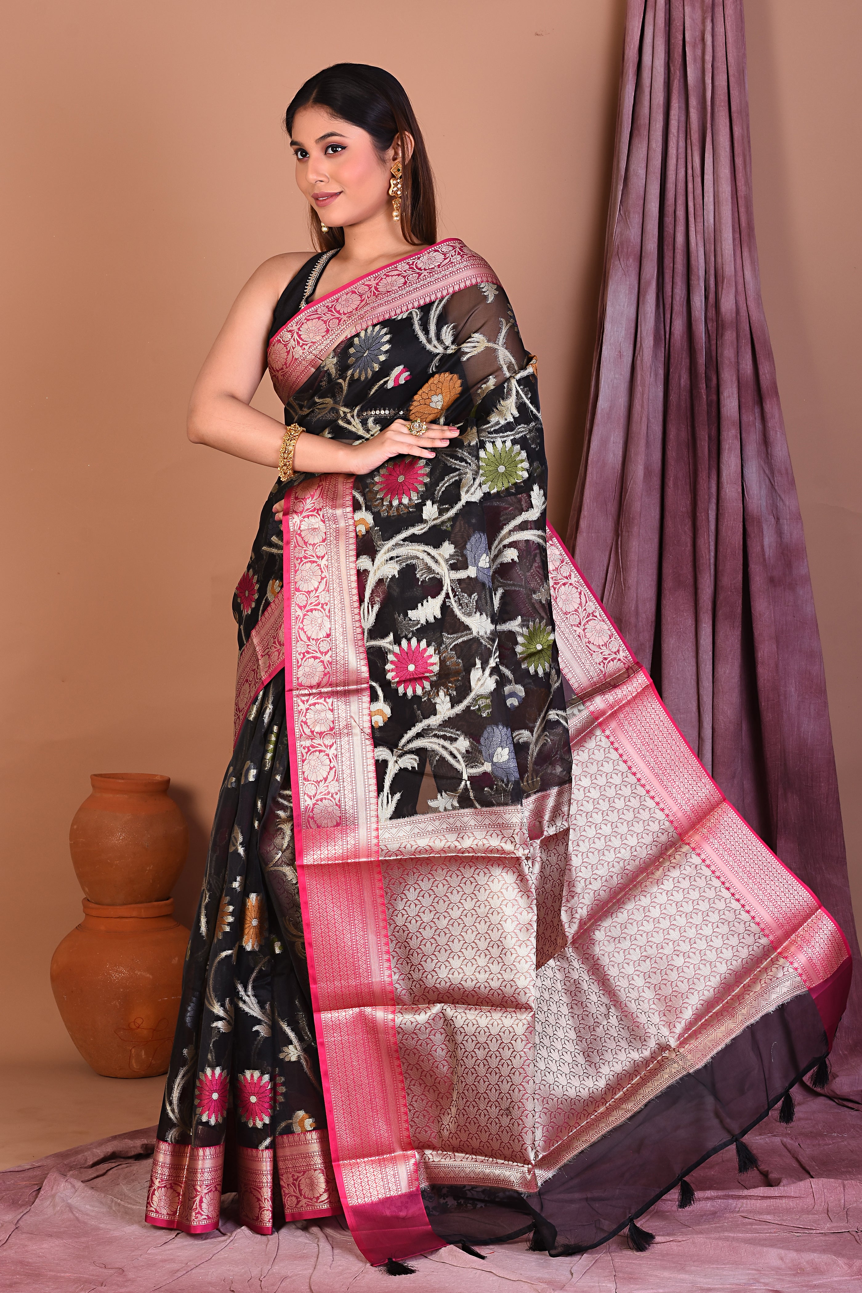 Black Blended Tissue Saree with Meenakari Work - Keya Seth Exclusive