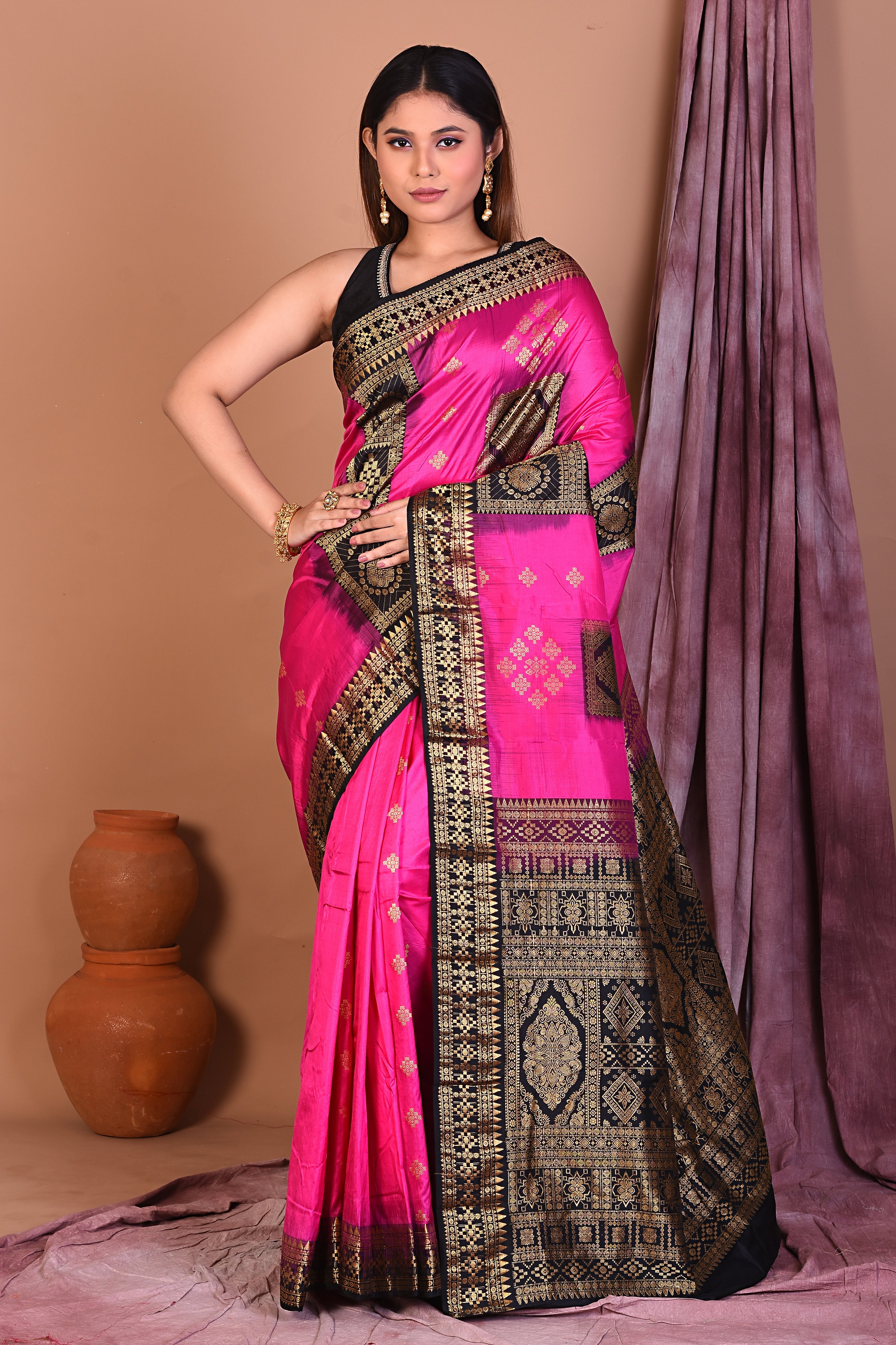 Pink Pure Kanjivaram Saree with Black Borders - Keya Seth Exclusive