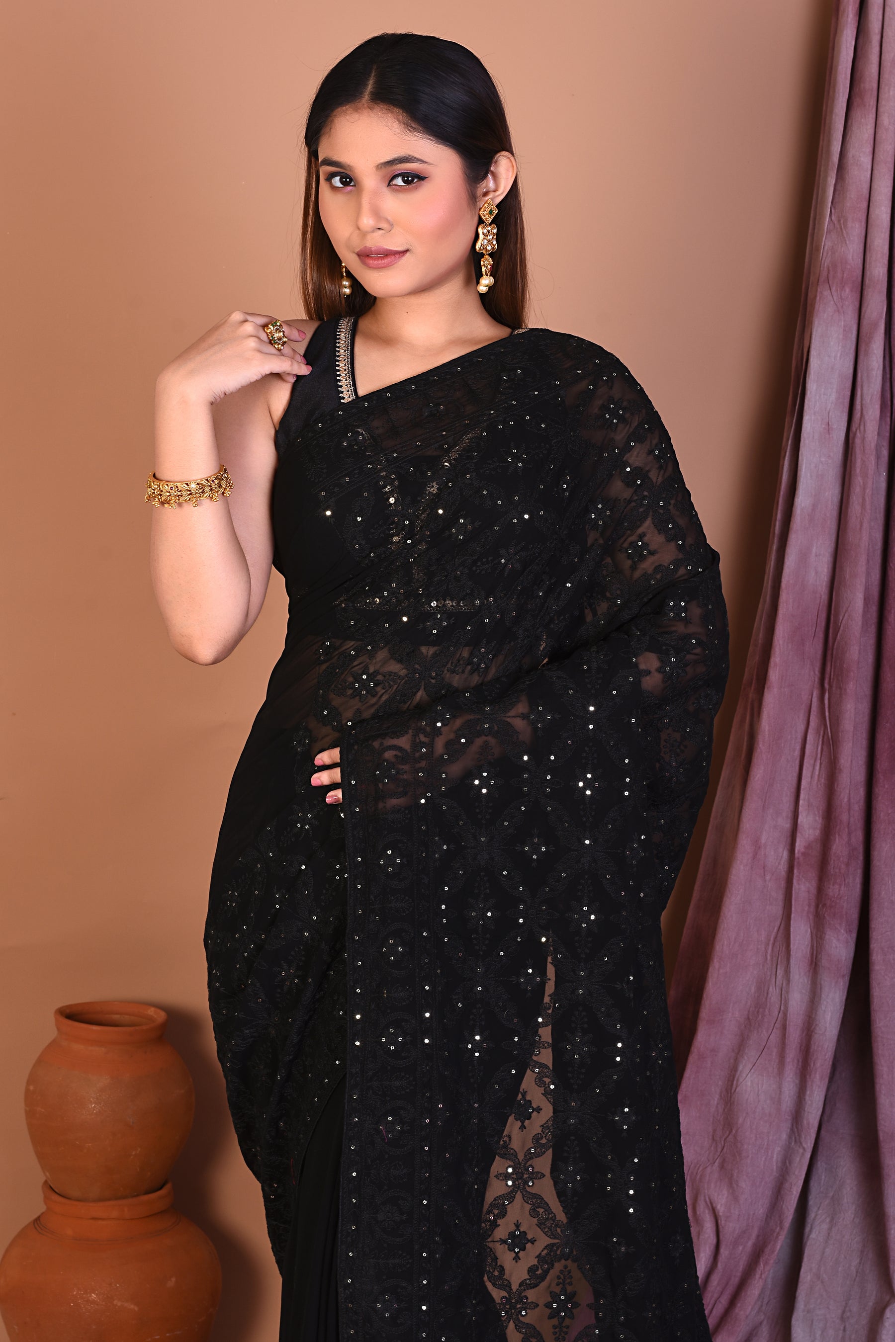 Black Blended Chiffon Saree with Sequence - Keya Seth Exclusive