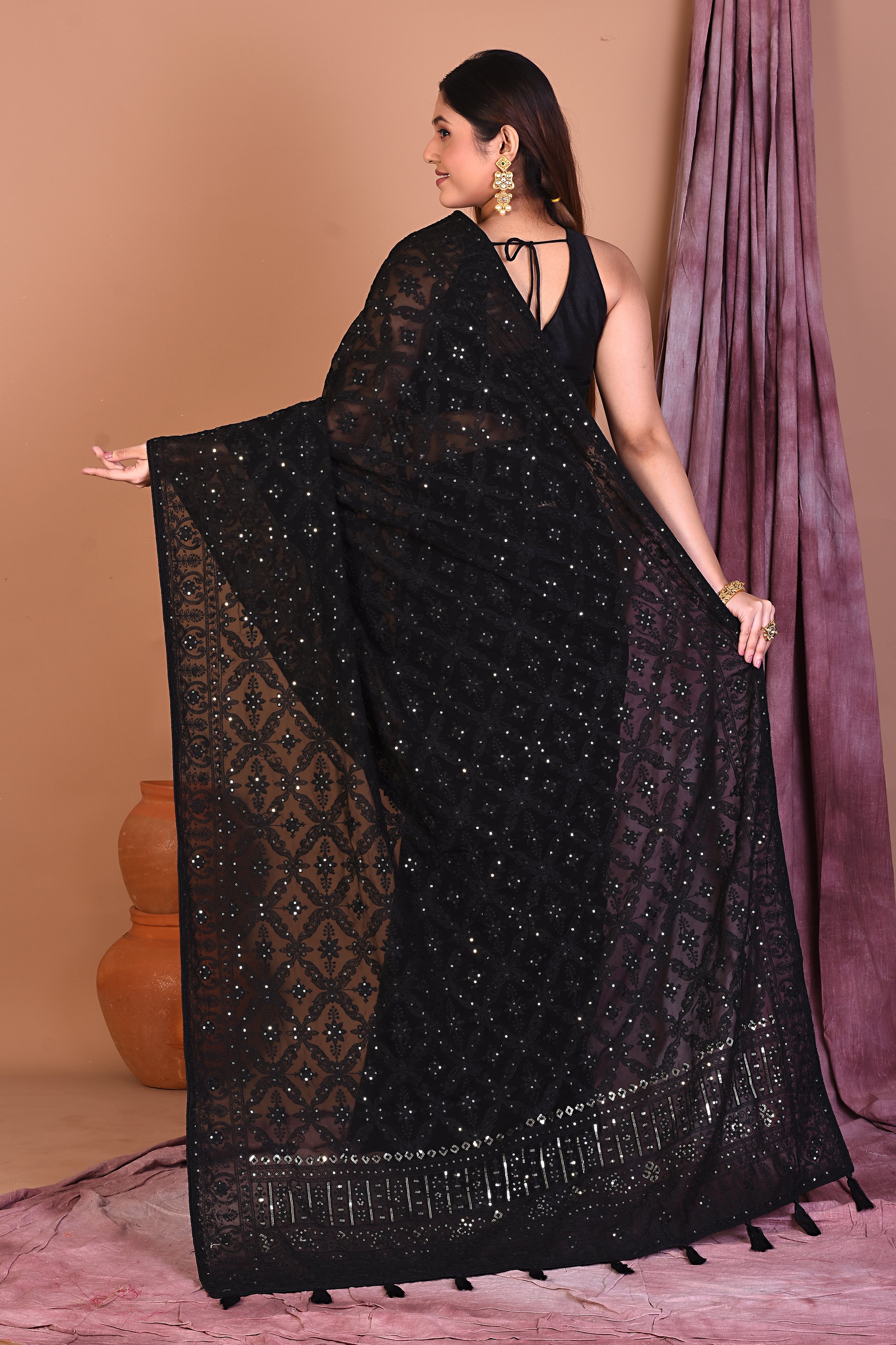 Black Blended Chiffon Saree with Sequence - Keya Seth Exclusive