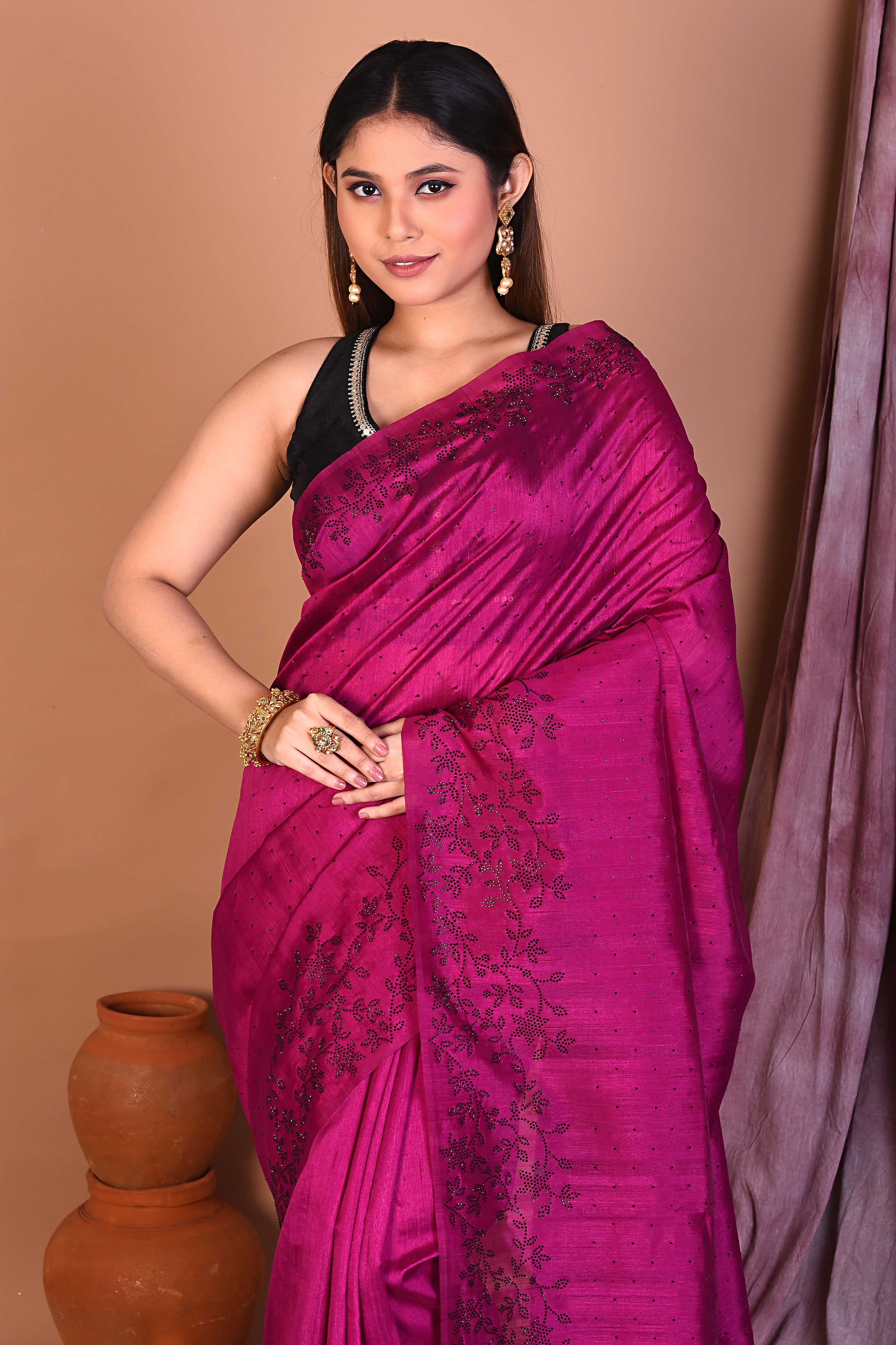 Magenta Blended Tussar Saree with Sequence - Keya Seth Exclusive