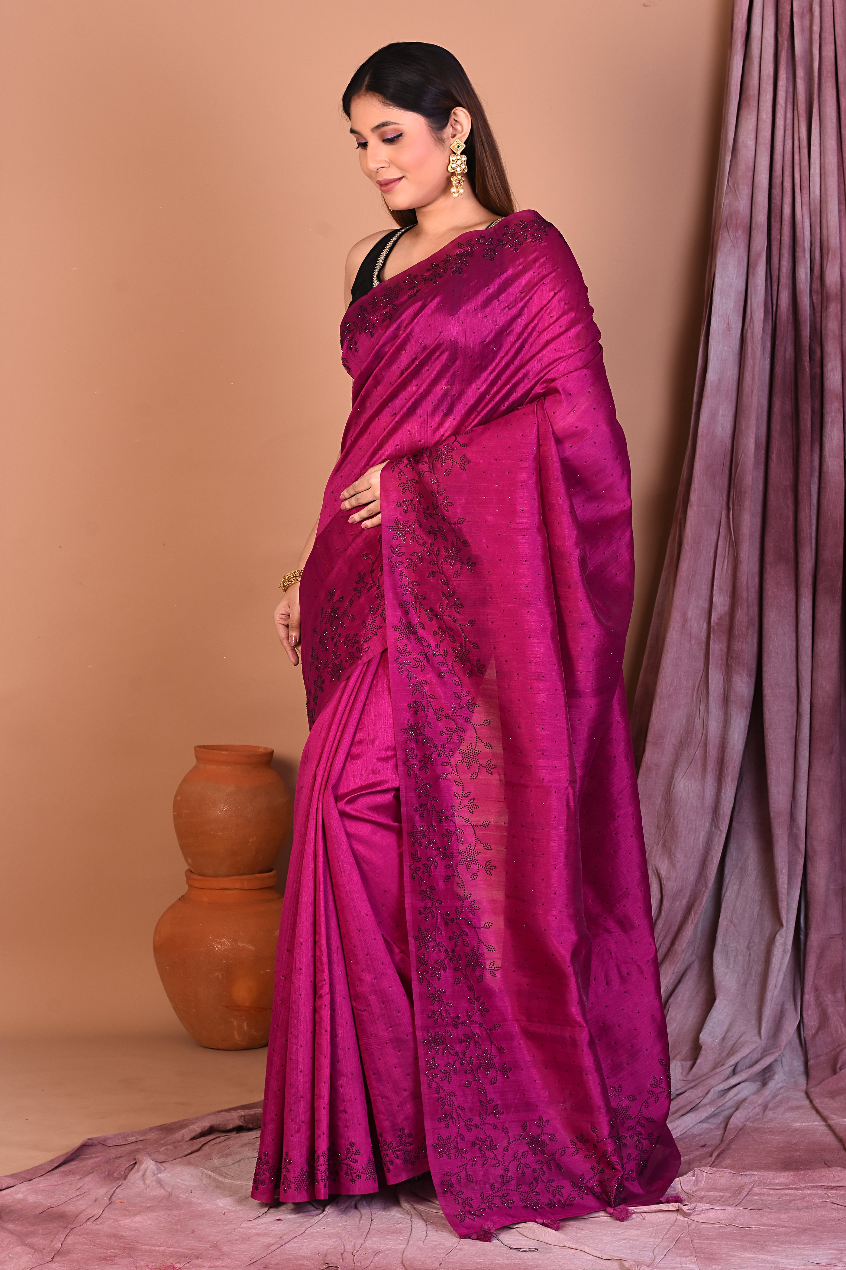 Magenta Blended Tussar Saree with Sequence - Keya Seth Exclusive