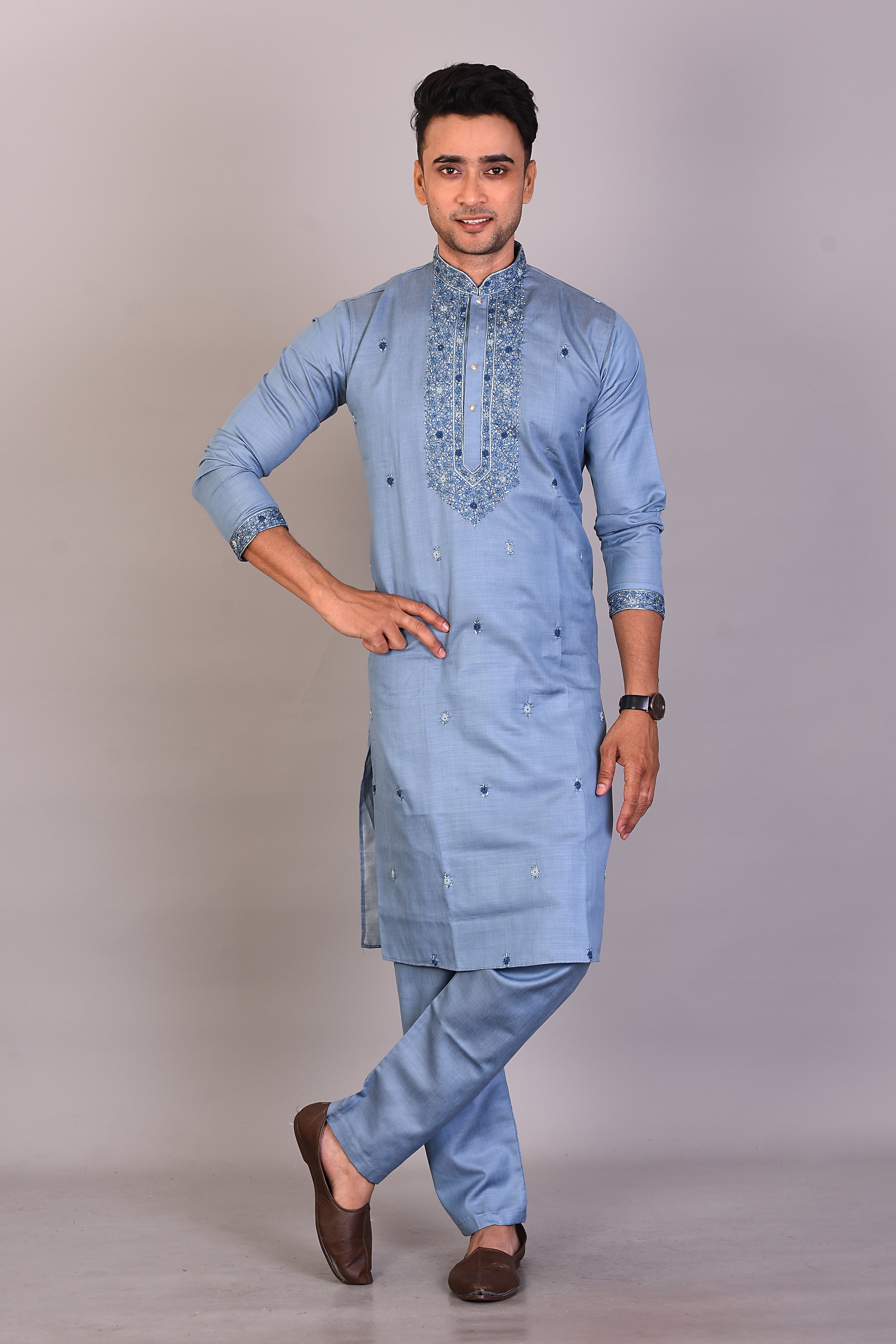Long Light Blue Silk Kurta with Full Sleeves - Keya Seth Exclusive