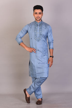 Long Light Blue Silk Kurta with Full Sleeves - Keya Seth Exclusive