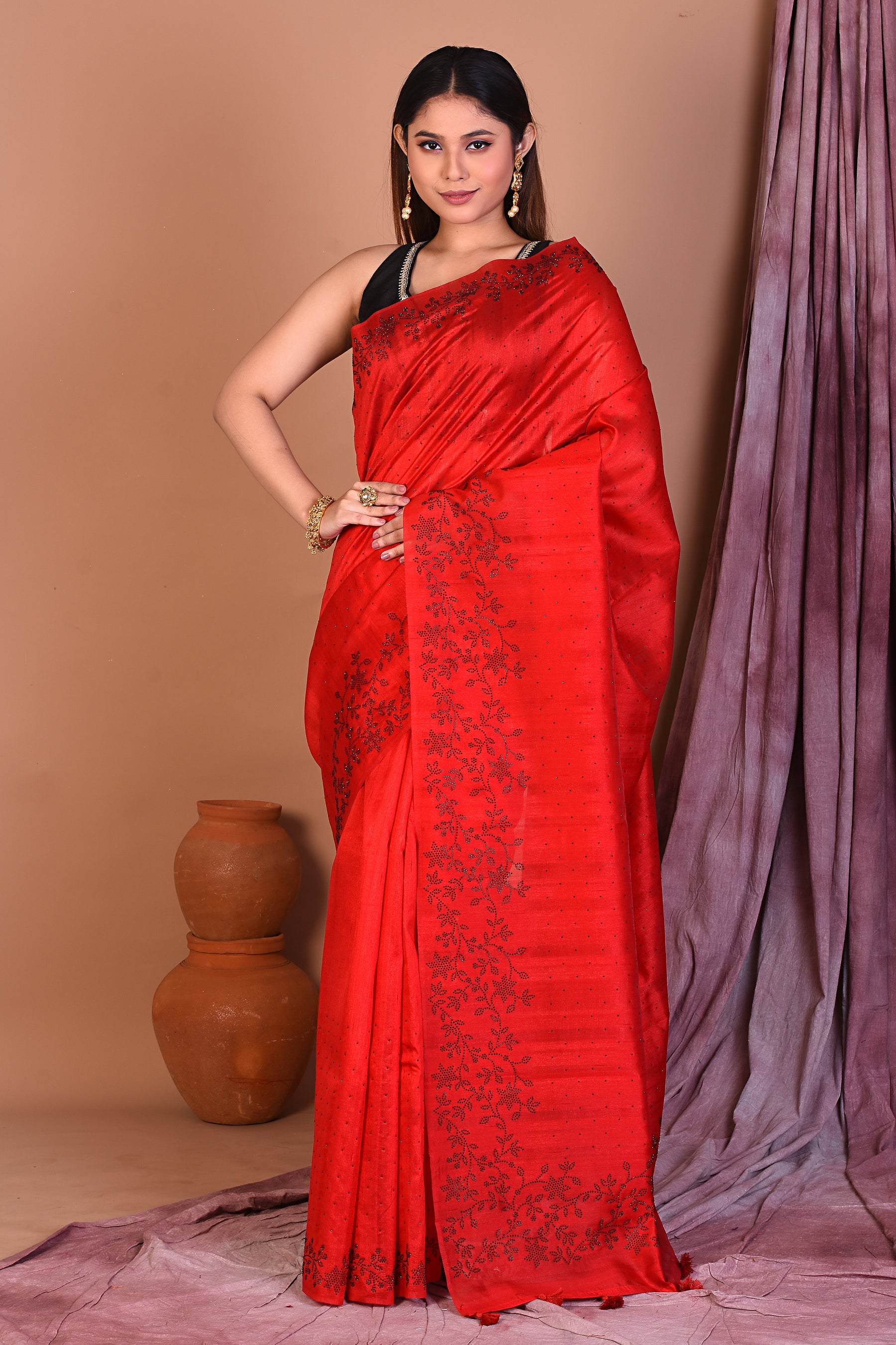 Red Blended Tussar Saree with Sequence - Keya Seth Exclusive