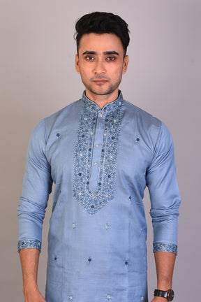 Long Light Blue Silk Kurta with Full Sleeves - Keya Seth Exclusive