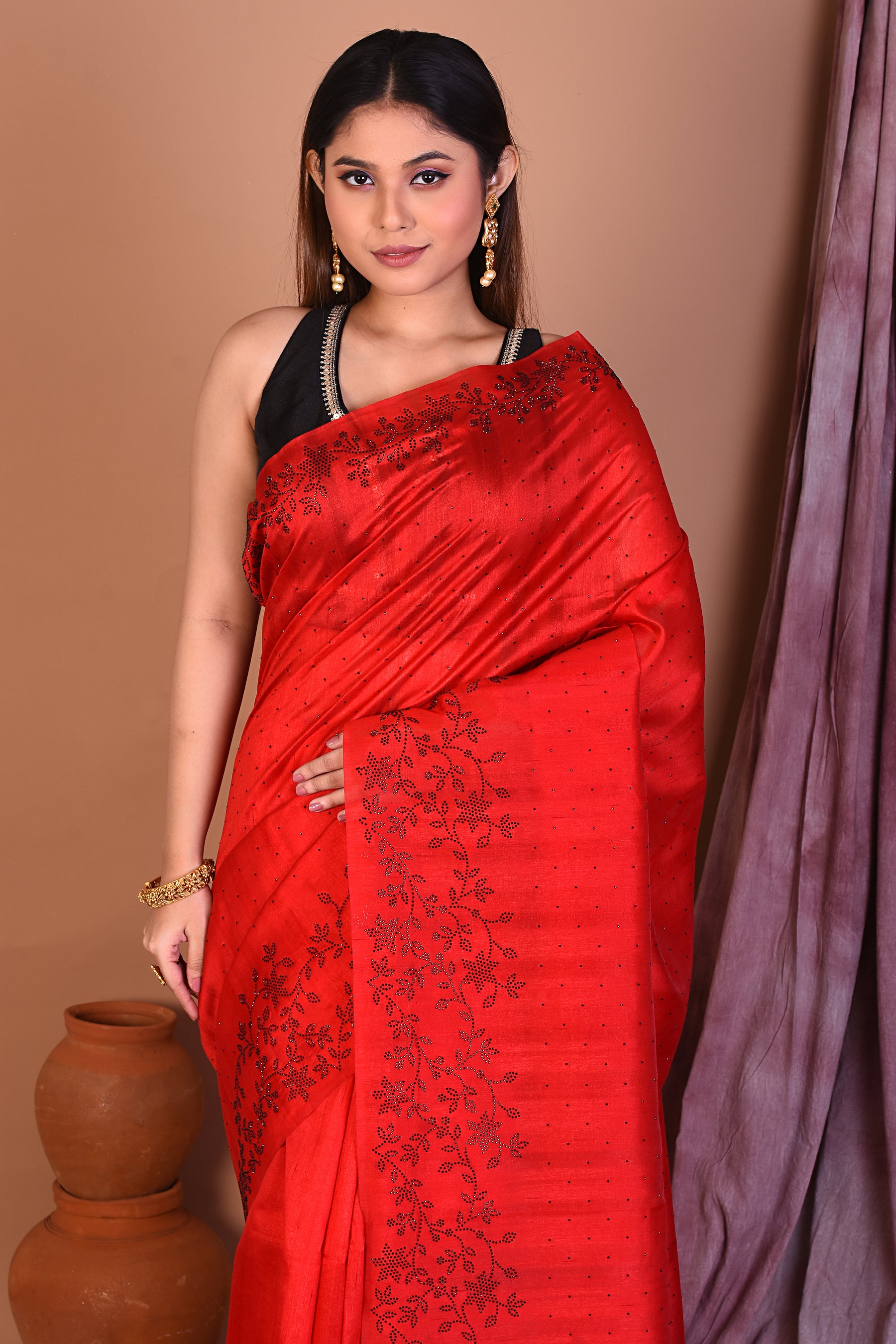 Red Blended Tussar Saree with Sequence - Keya Seth Exclusive