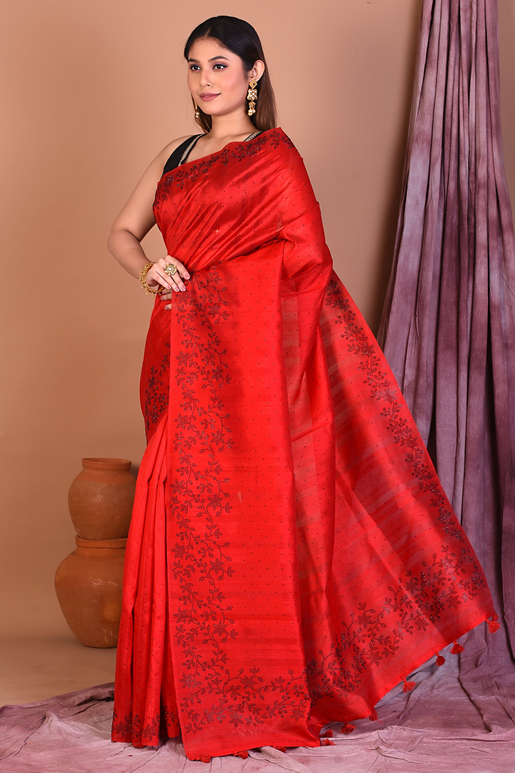 Red Blended Tussar Saree with Sequence - Keya Seth Exclusive