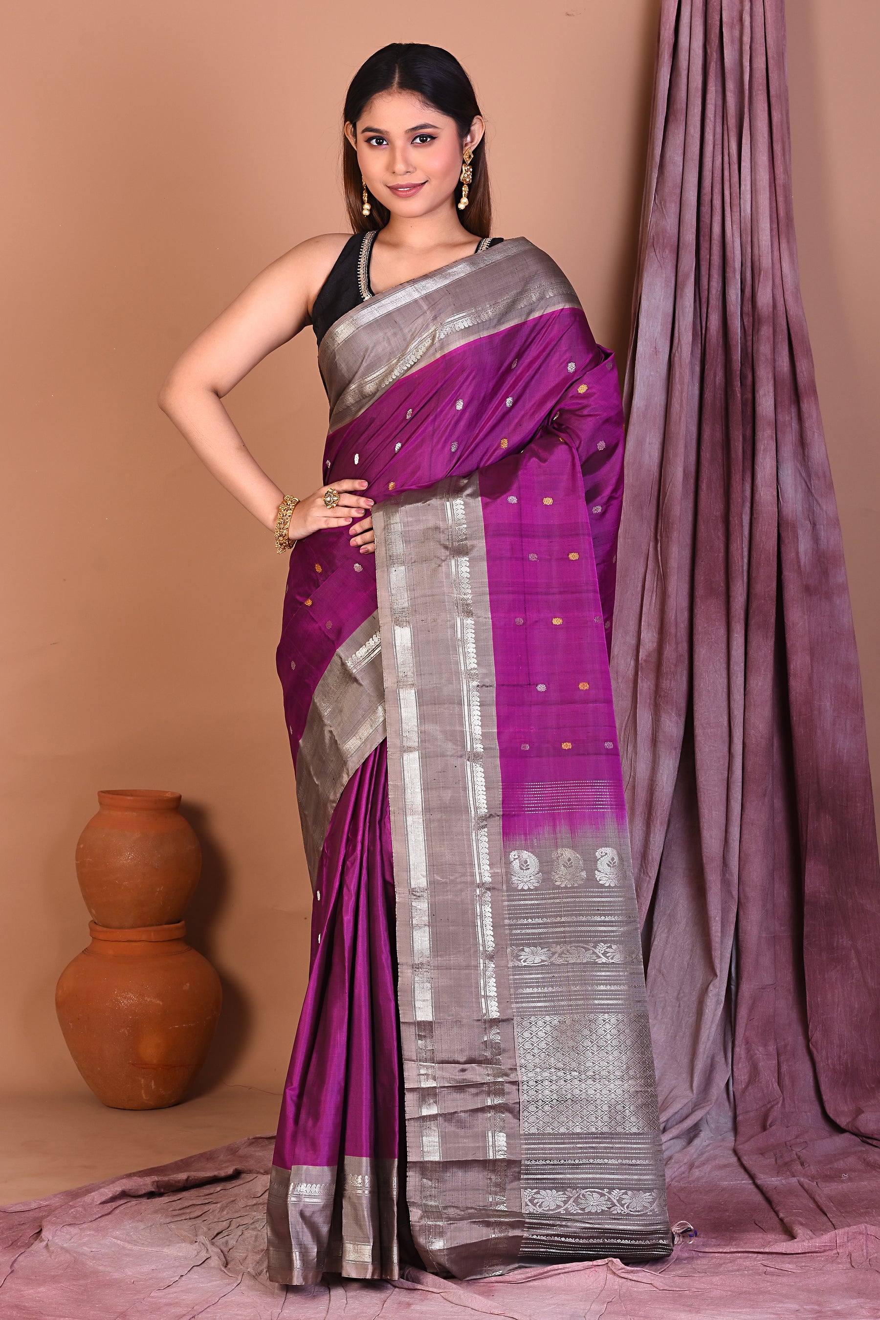 Magenta Pure Gadwal Saree with Light Brown Borders - Keya Seth Exclusive