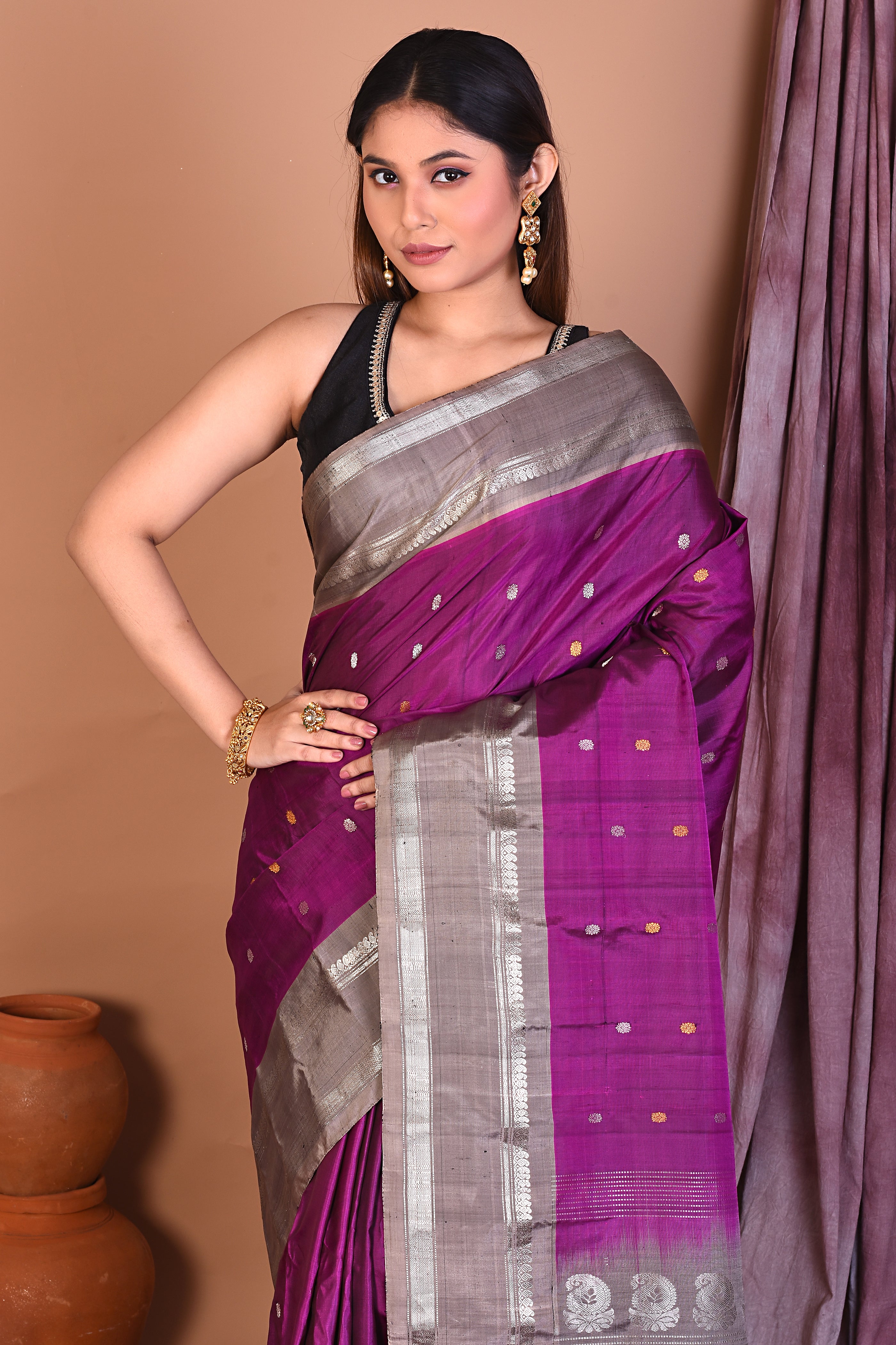 Magenta Pure Gadwal Saree with Light Brown Borders - Keya Seth Exclusive