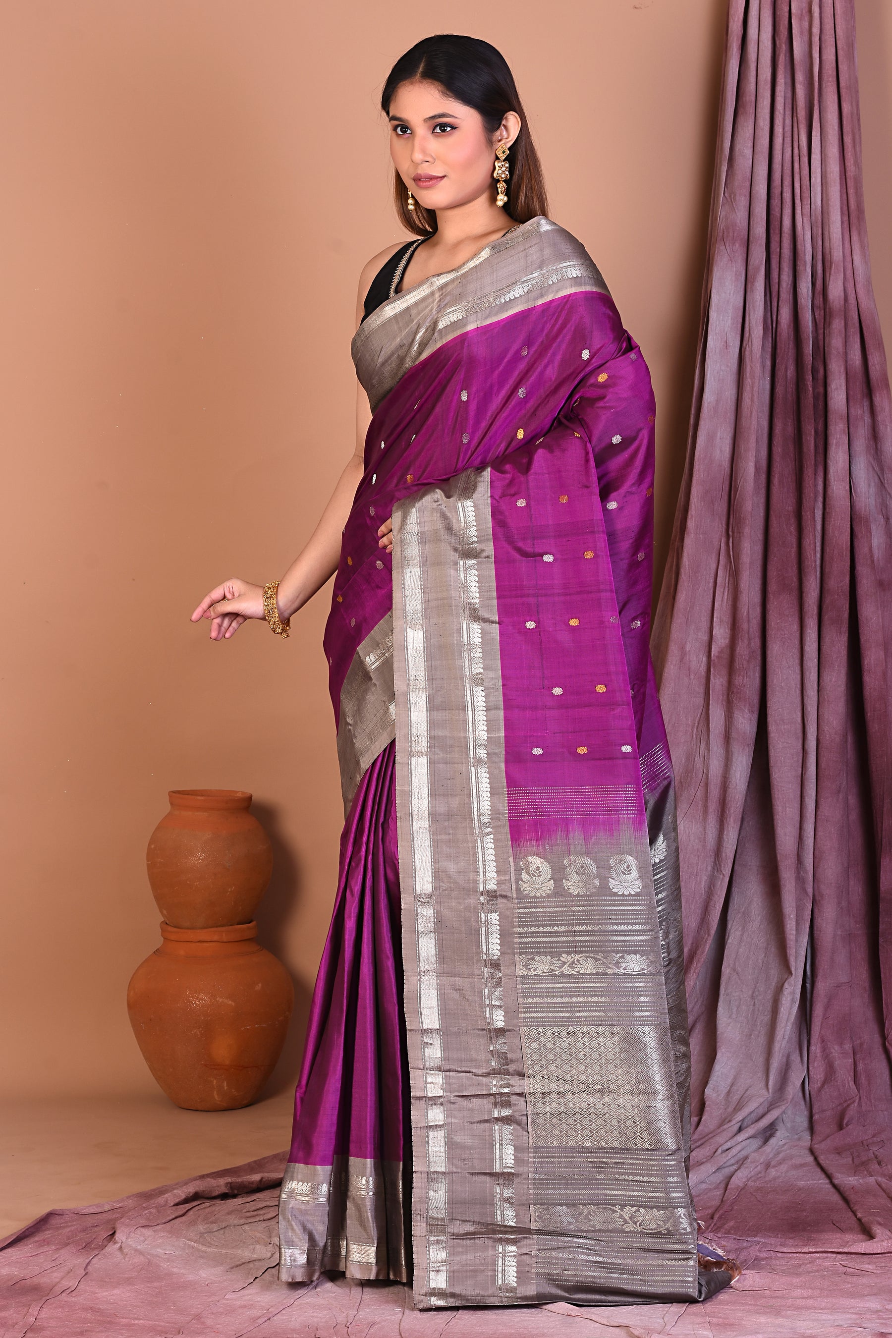 Magenta Pure Gadwal Saree with Light Brown Borders - Keya Seth Exclusive