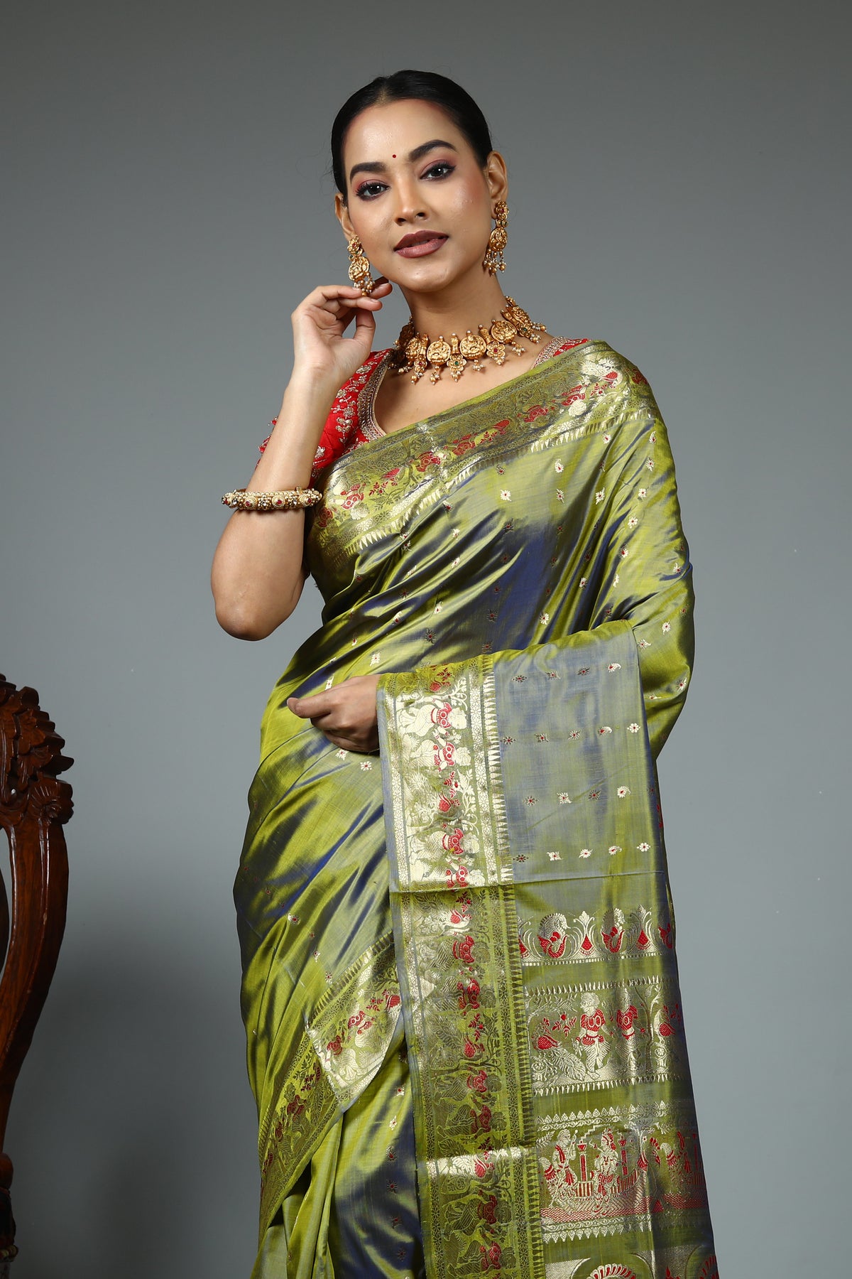 Olive Green Baluchari Saree