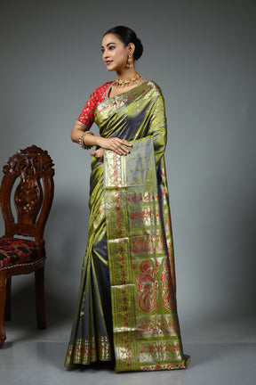 Olive Green Baluchari Saree