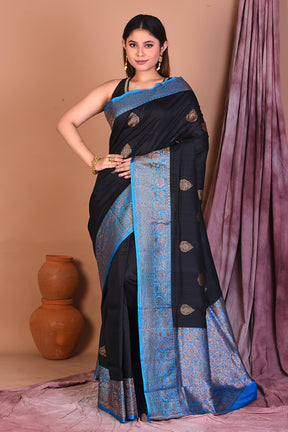 Black Pure Tussar Saree with Blue Borders - Keya Seth Exclusive