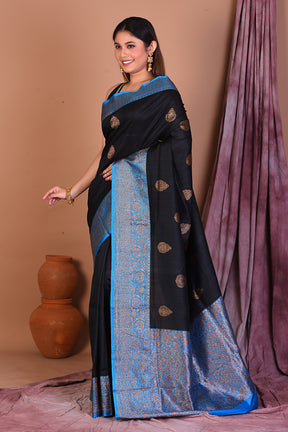 Black Pure Tussar Saree with Blue Borders - Keya Seth Exclusive