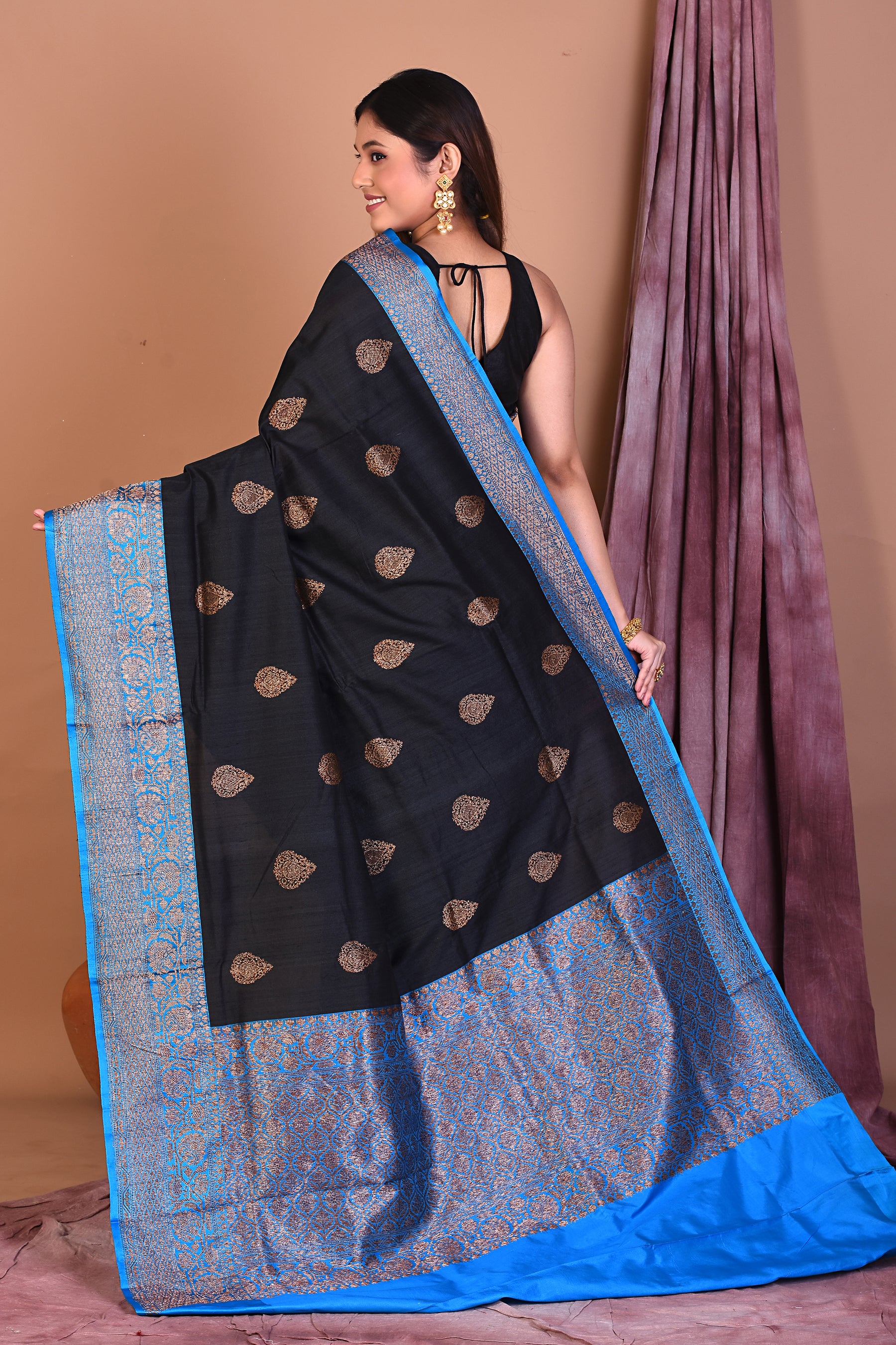 Black Pure Tussar Saree with Blue Borders - Keya Seth Exclusive