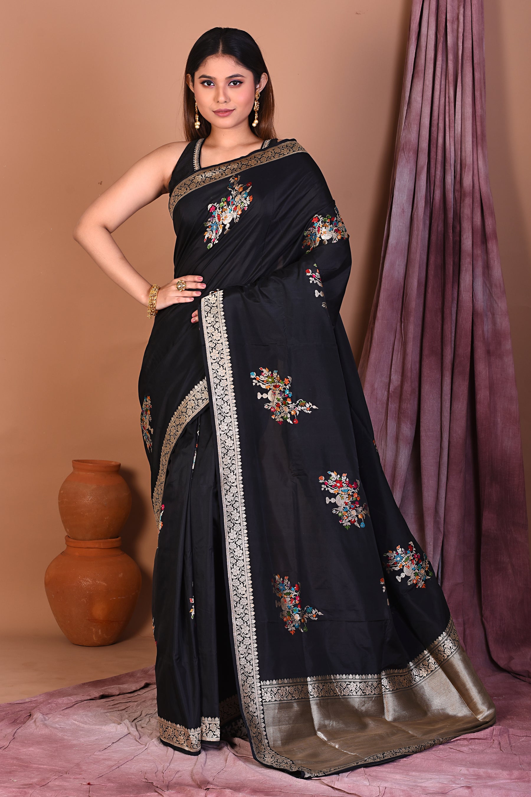 Black Pure Katan Saree with Golden Zari - Keya Seth Exclusive