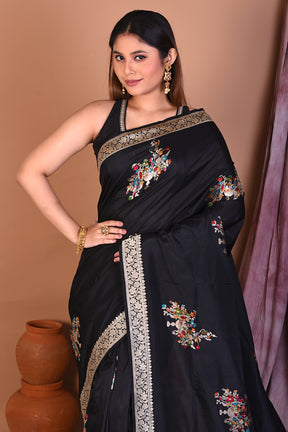 Black Pure Katan Saree with Golden Zari - Keya Seth Exclusive