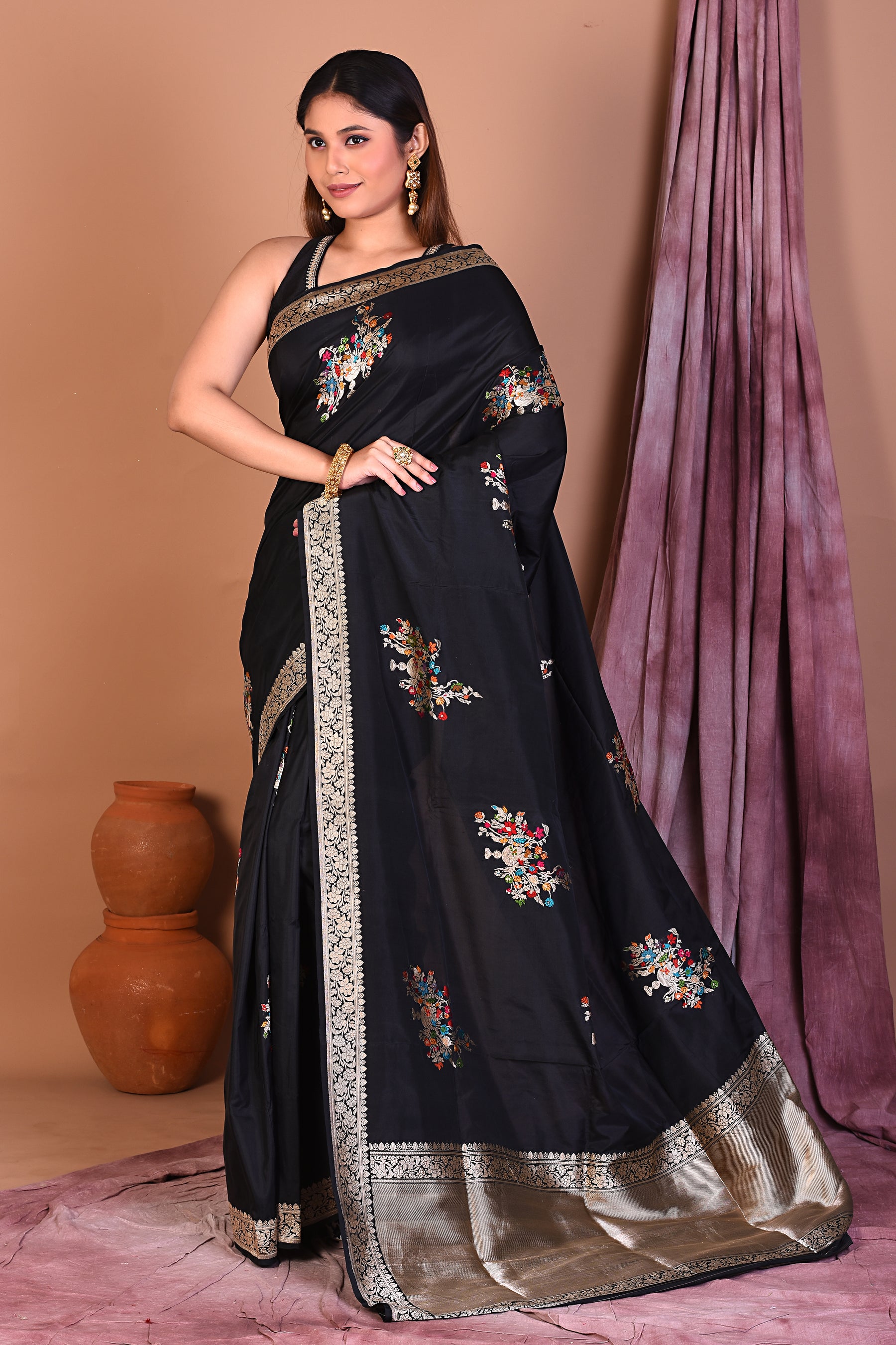 Black Pure Katan Saree with Golden Zari - Keya Seth Exclusive