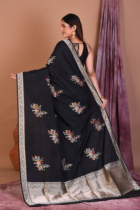 Black Pure Katan Saree with Golden Zari - Keya Seth Exclusive